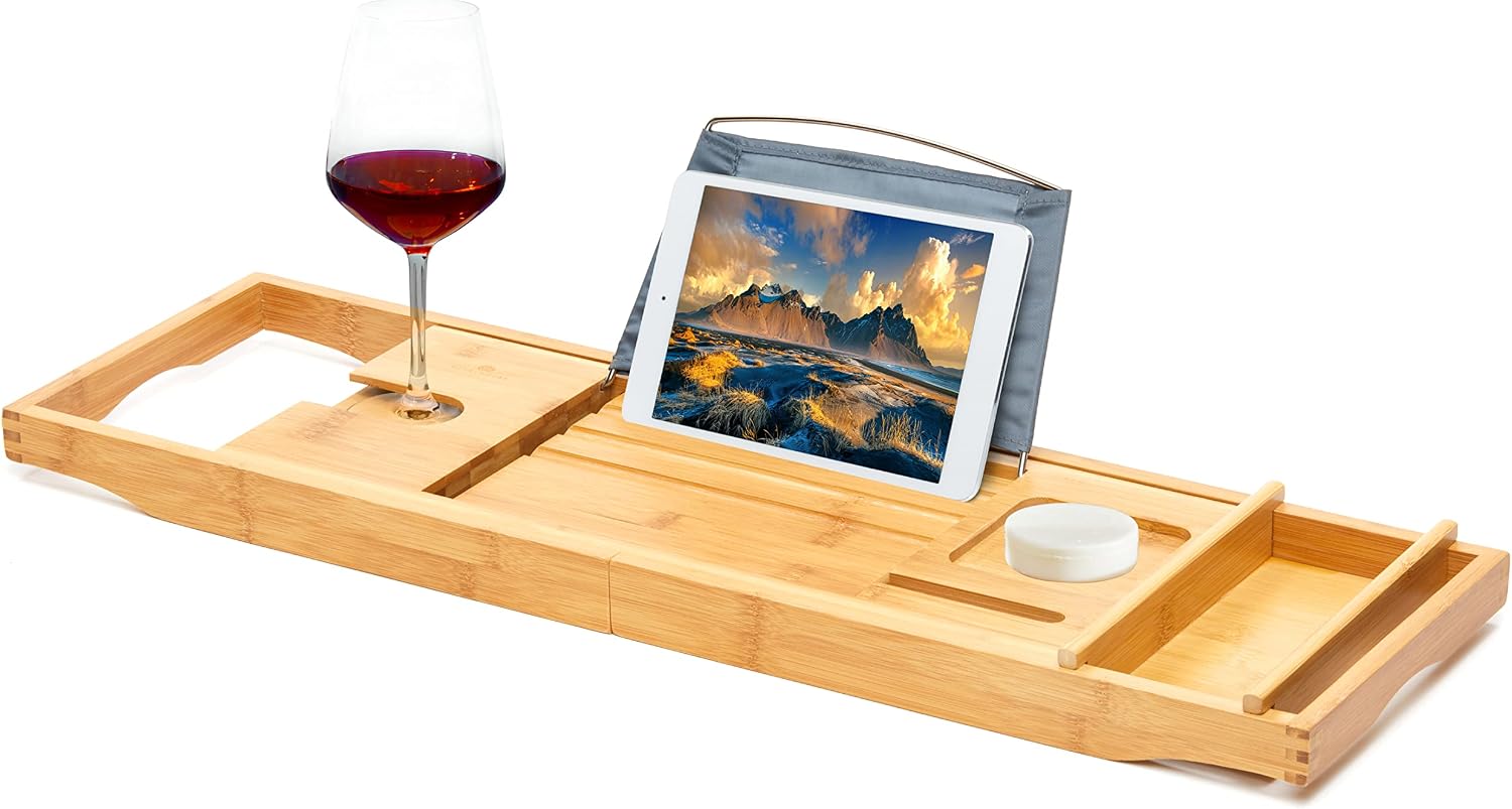 Bamboo Bathtub Caddy Tray, Expandable Bath Table Over Tub with Glass Book