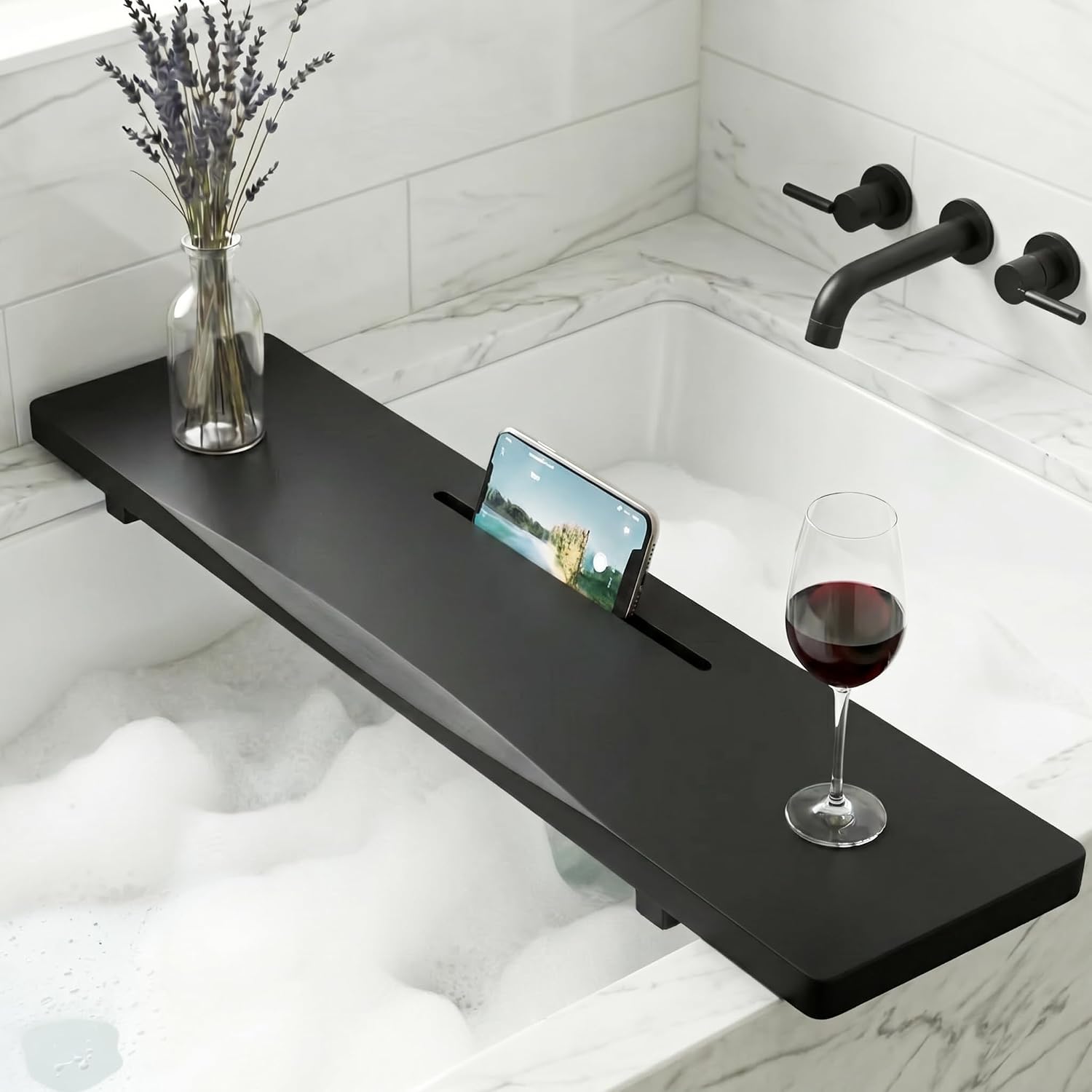 Elegant Black Bamboo Bathtub Tray Caddy, 31″ L Adjustable for Standard Tub