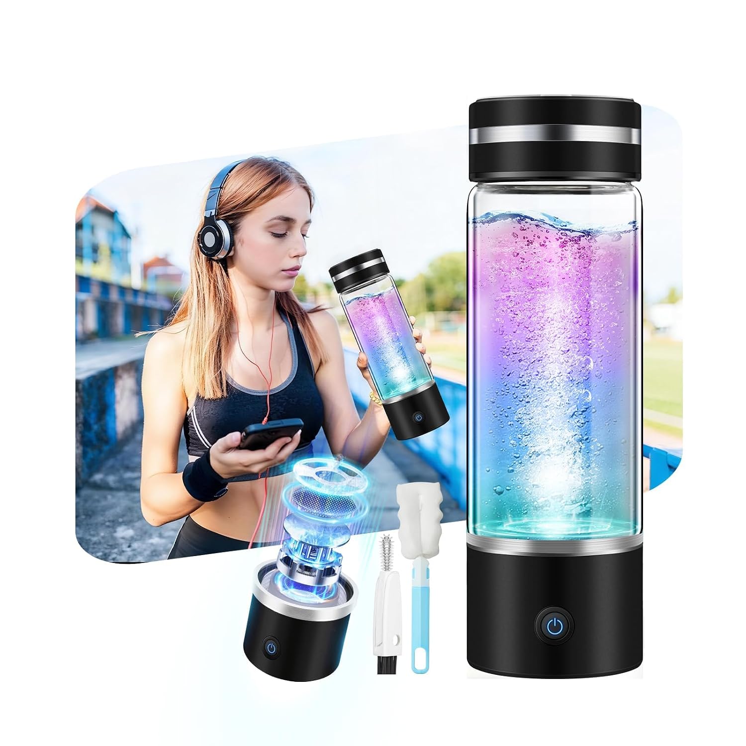 4.0 Upgrade 4000PPB High Concentration Hydrogen Water Bottle Generator【NO.1-24-Hour Hydrogen Lock】 SPE PEM Technology, Double Hydrogen Content & High Borosilicate Glass for Post-Workout Recovery-Black