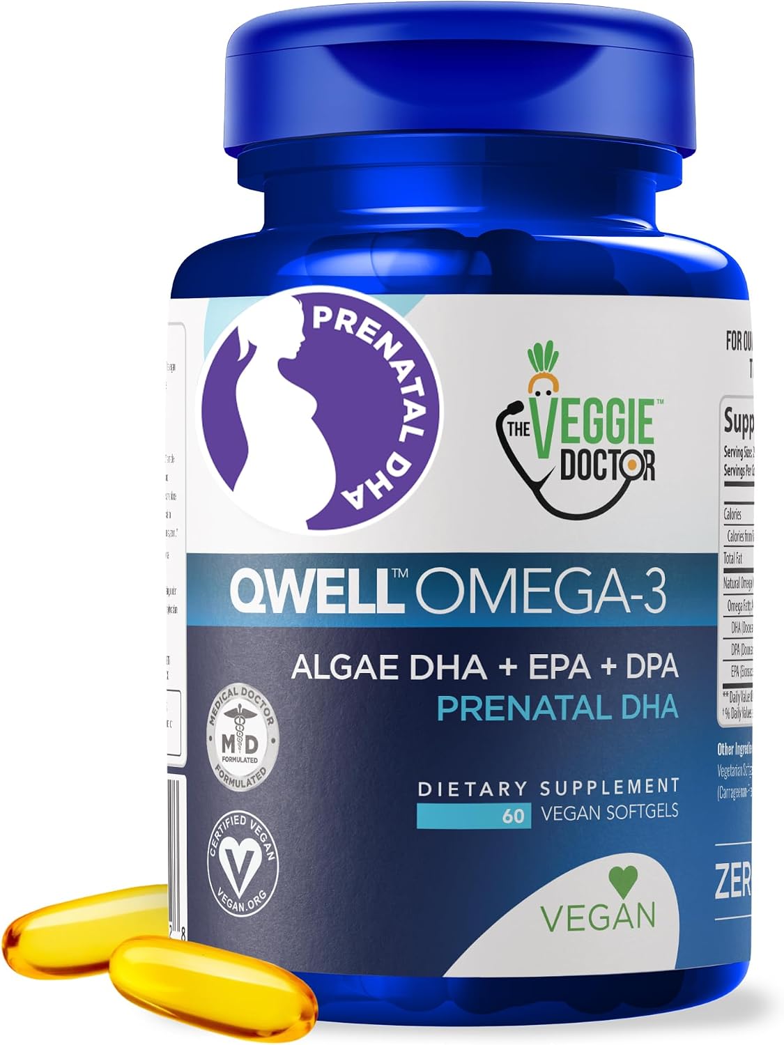 Vegan Prenatal Vitamins with DHA (60 Count) Omega-3 – Qwell Better Than Fish Oil, Brain Function – 820 Mg Algae DHA & EPA, Vegan Prenatal Vitamins with Vitamin E, Carrageenan-Free