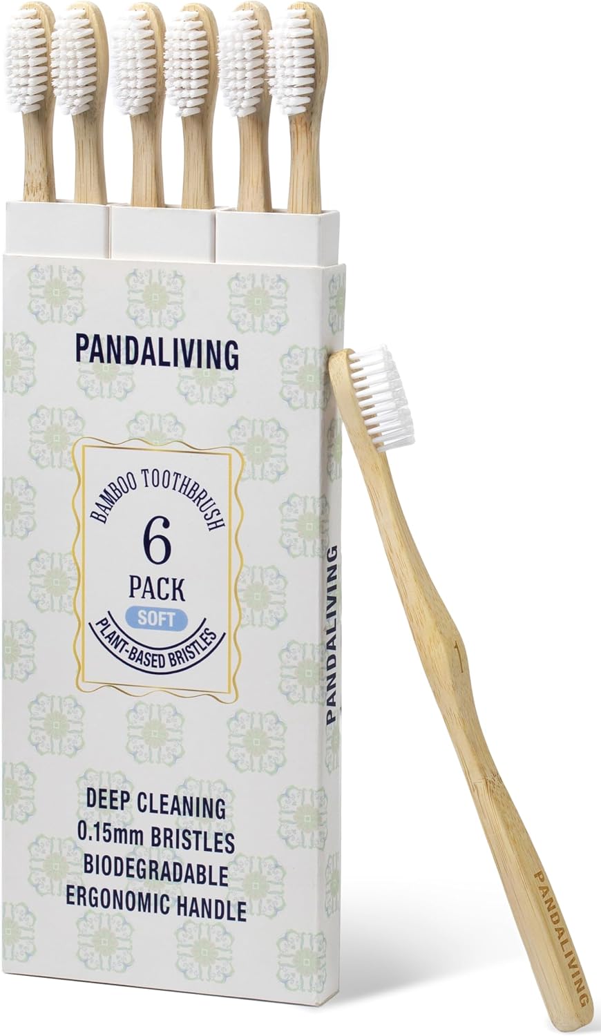 Bamboo Toothbrushes with Plant-Based Soft Bristles 6 Pack, Ergonomic Non-Slip Grip Toothbrushes, Eco-Friendly Wooden Natural Toothbrush