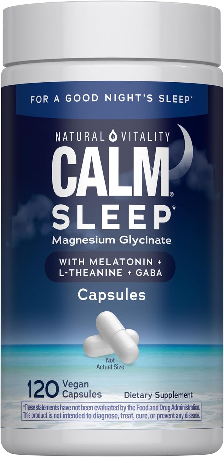 Natural Vitality Calm Sleep Capsules | Magnesium with Melatonin, L-Theanine & Gaba Supplement | For a Good Night’s Sleep | Non-GMO, Gluten Free & Vegan | 120 Count