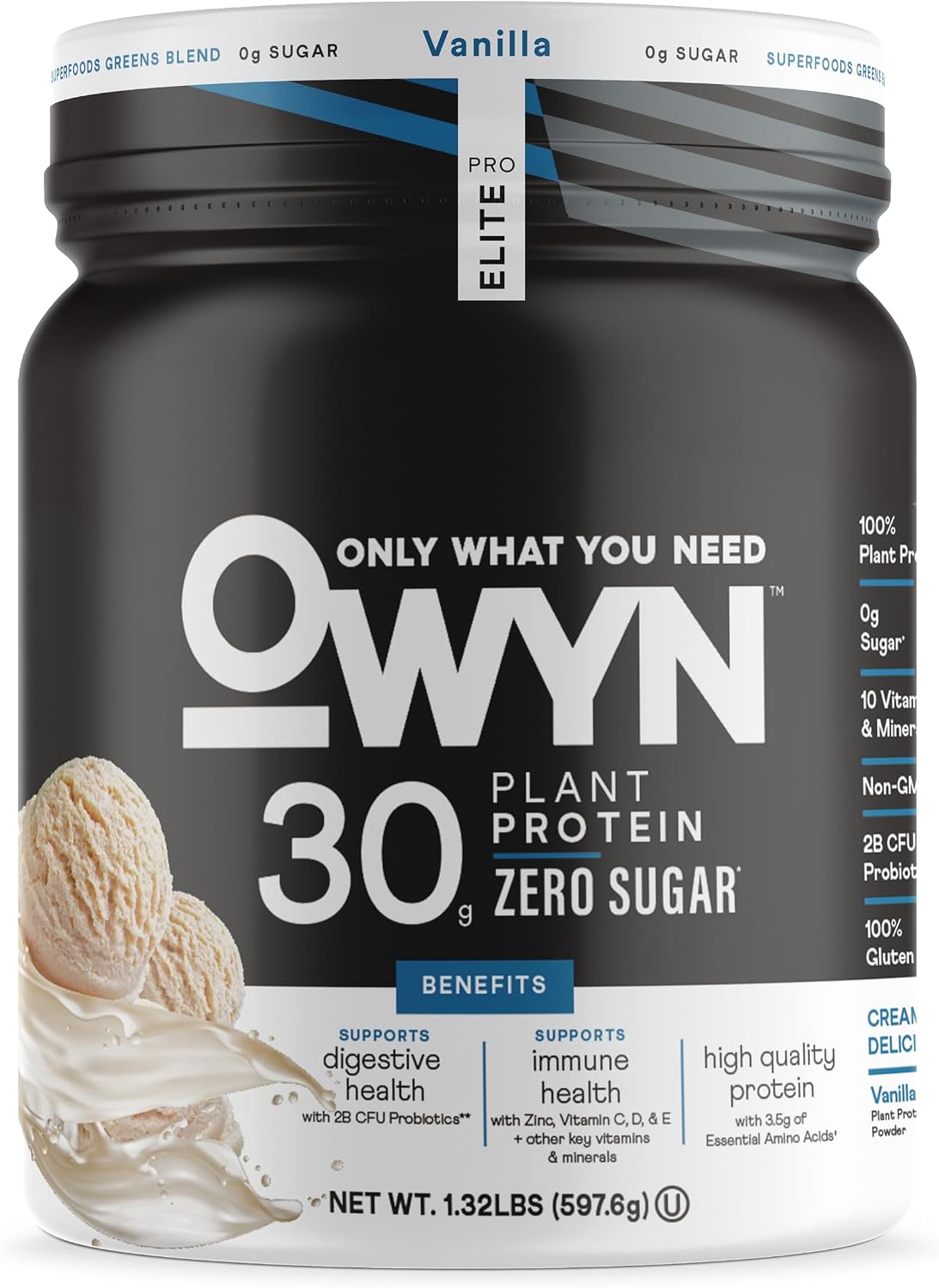 Owyn Only What You Need Pro Elite High Protein Powder, 30g Vegan Protein for Workout Recovery, Delicious Smooth Taste, Zero Sugar, Low Net Carbs, Vanilla, 12 Servings (1.32 LB)