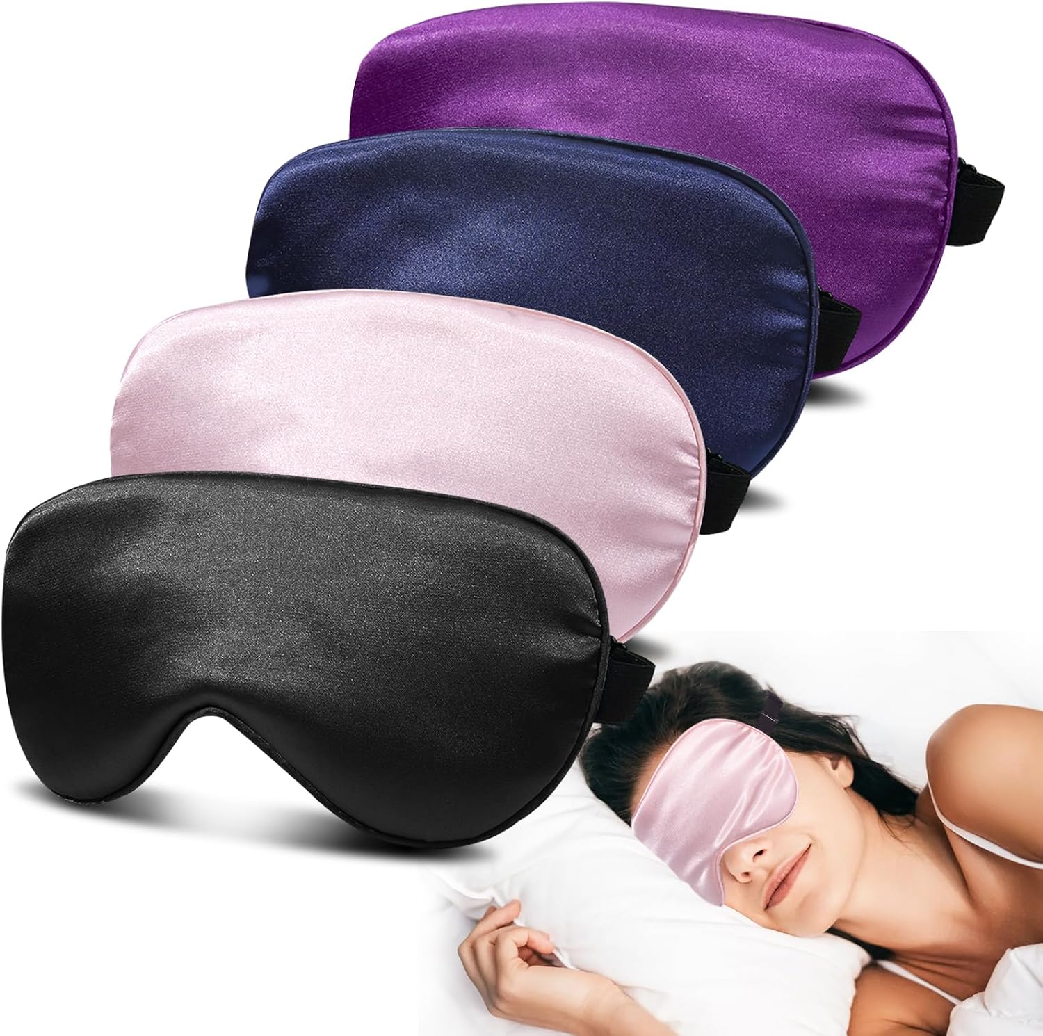 4 Pack Silk Sleep Mask, Blackout Eye Mask with Adjustable Strap