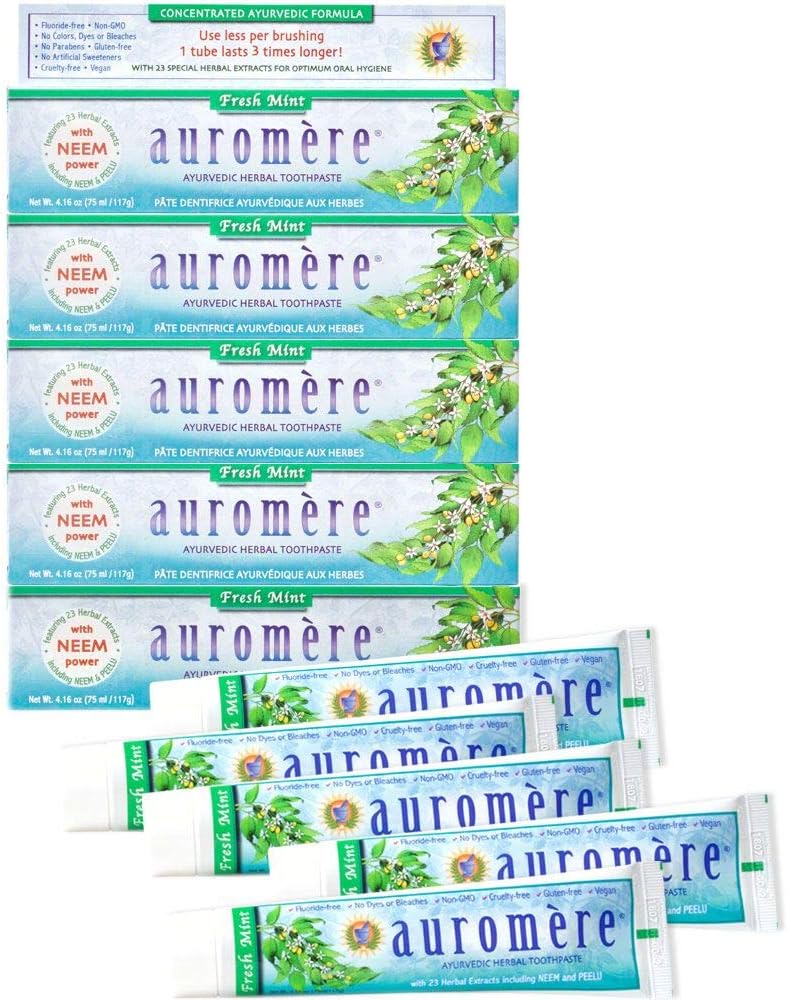 Auromere Ayurvedic Herbal Neem & Clove Toothpaste – Fresh Mint, 5 Pack | All Natural Fluoride Free Toothpaste for Adults & Kids, Suitable for Sensitive Teeth, SLS-Free, Non GMO, Vegan, Cruelty-Free