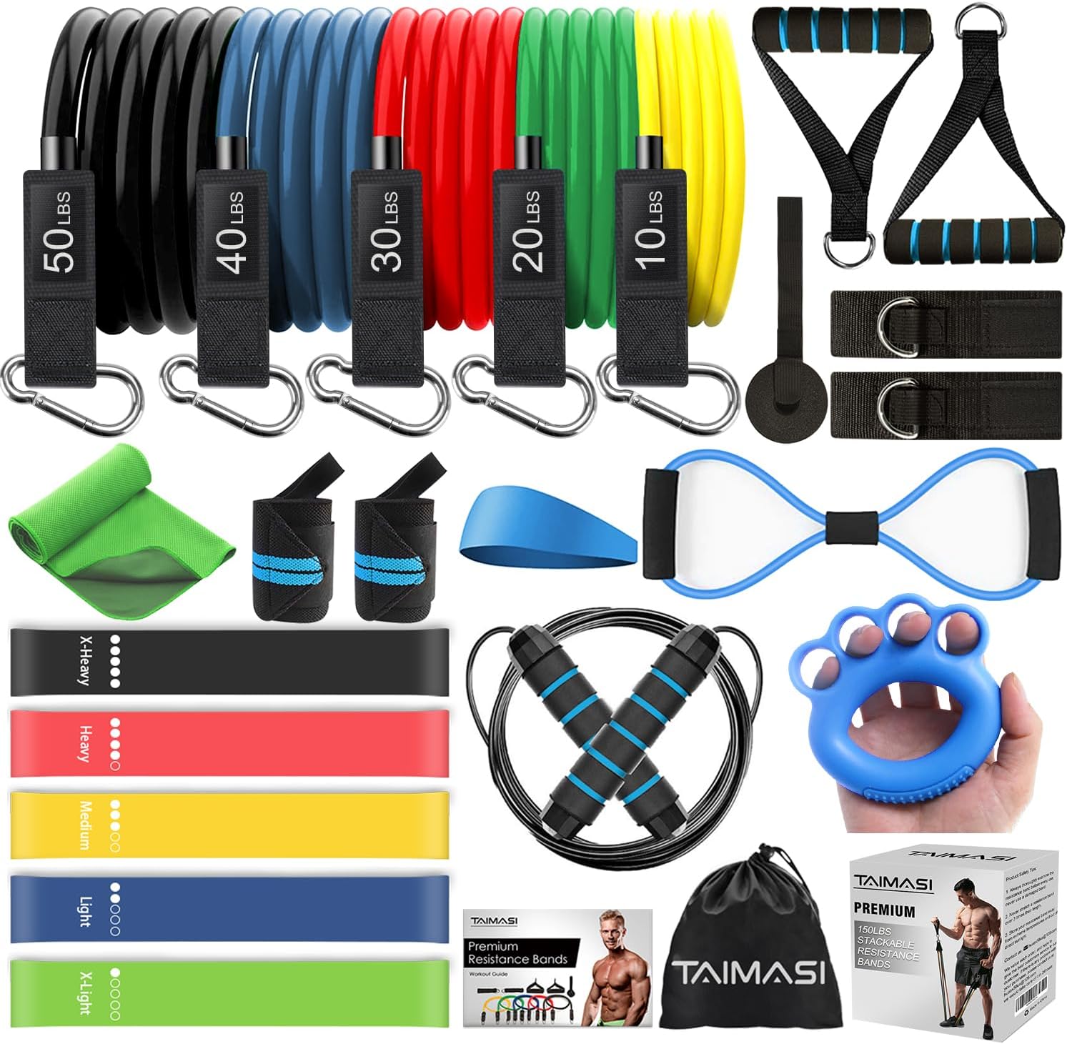 TAIMASI 23Pcs Stackable Resistance Bands Set with Handles Up to 150 Lbs | 5 Exercise Bands with Handles, 5 Resistance Loop Bands, Jump Rope, Figure 8 Resistance Band, Headband, Cooling Towel