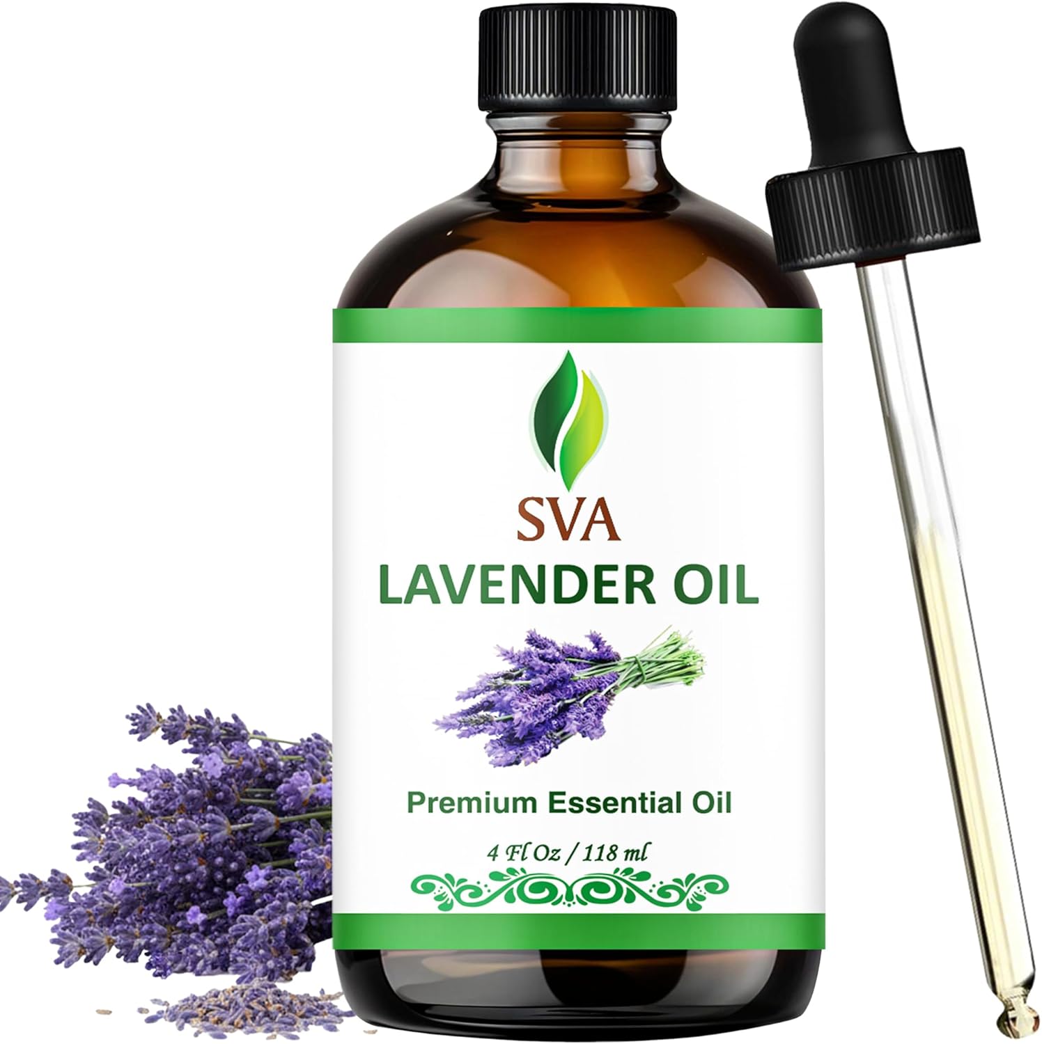 SVA Lavender Essential Oil, Glass Bottle with Dropper, 4 Fl Oz (118 ml) | Lavender Oil for Diffuser, Humidifier, Linen Spray, Skin Care, Hair Care, Body Massage, Soap, Candle, Bath Salt & DIY Blends