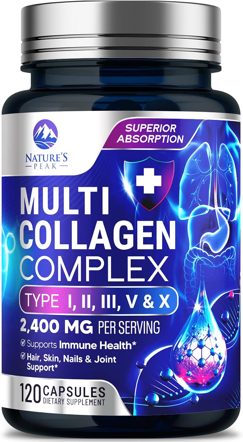 Multi Collagen Peptides Supplement for Hair, Nail, Skin – Type I, II, III, V, X, Collagen Powder Pills – Grass-Fed, Hydrolyzed for Bone and Joint Support for Women & Men, Non-GMO – 120 Capsules