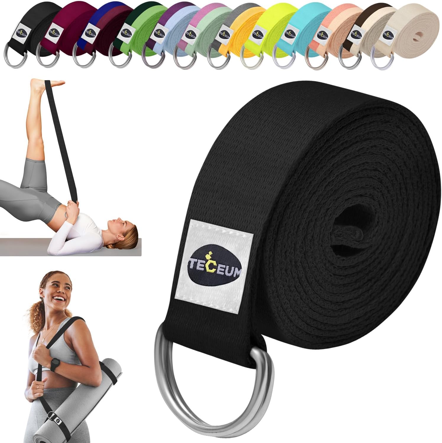 TECEUM 2 IN 1 Yoga & Mat Strap for Stretching – Cotton – 6/8/10 ft