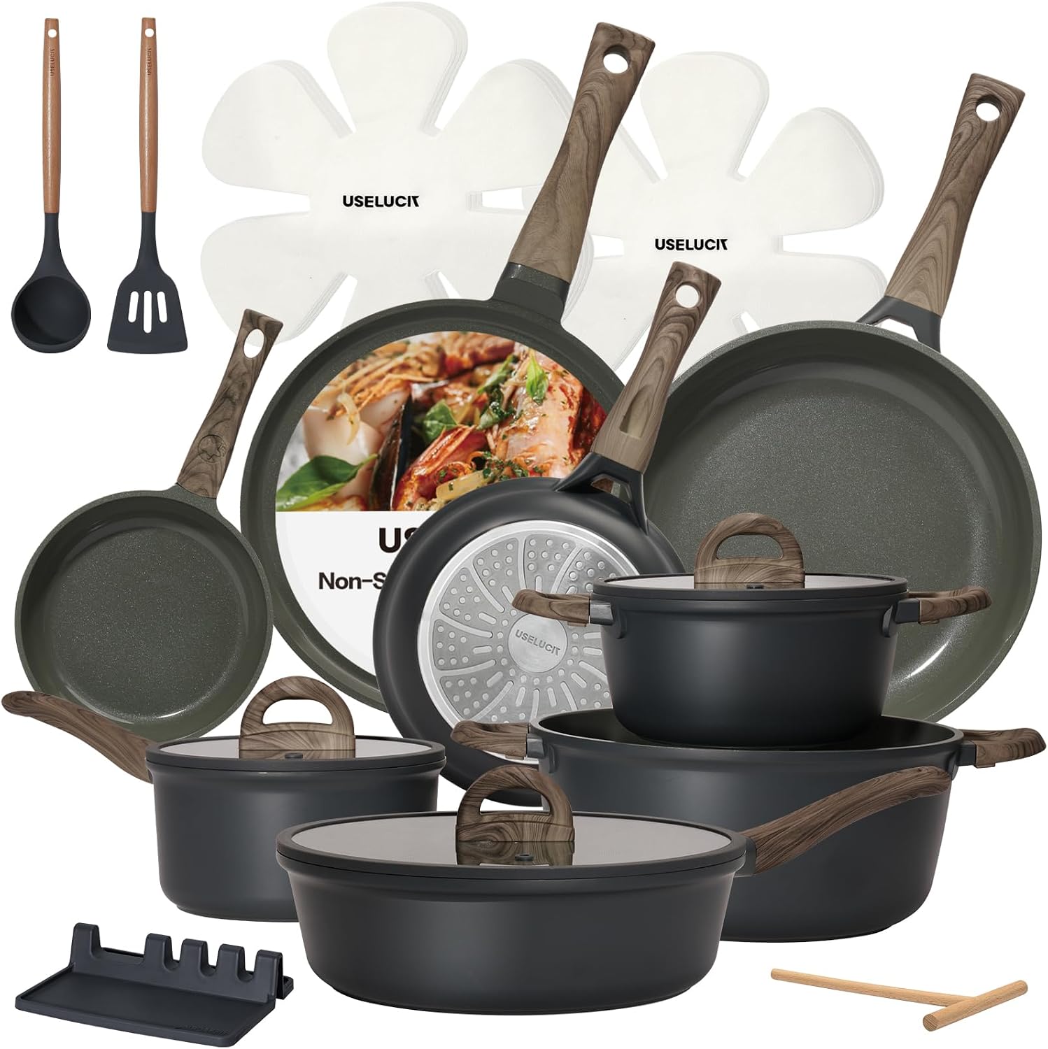 USELUCK 22-Piece Ceramic Cookware Set, Nonstick Pots and Pans Set