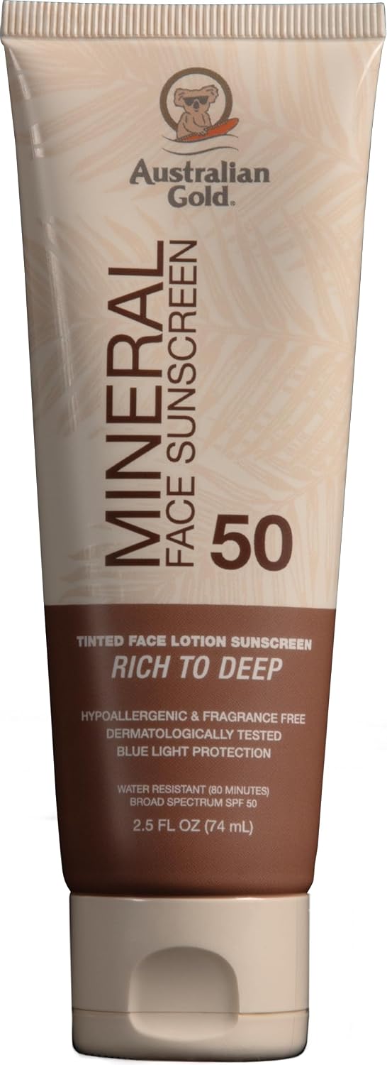Australian Gold SPF 50 Tinted Mineral Face Sunscreen, Rich-Deep, 2.5 fl oz