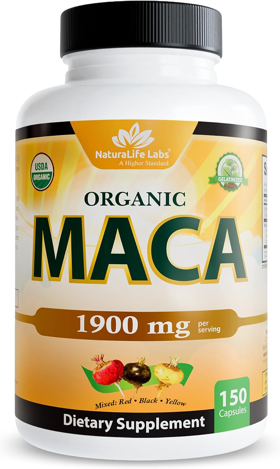 NaturaLife Labs Organic Maca Root – Black, Red & Yellow – 1900 mg per Serving – 150 Capsules – Gelatinized Peruvian Maca – Non-GMO, Gluten-Free, Vegan