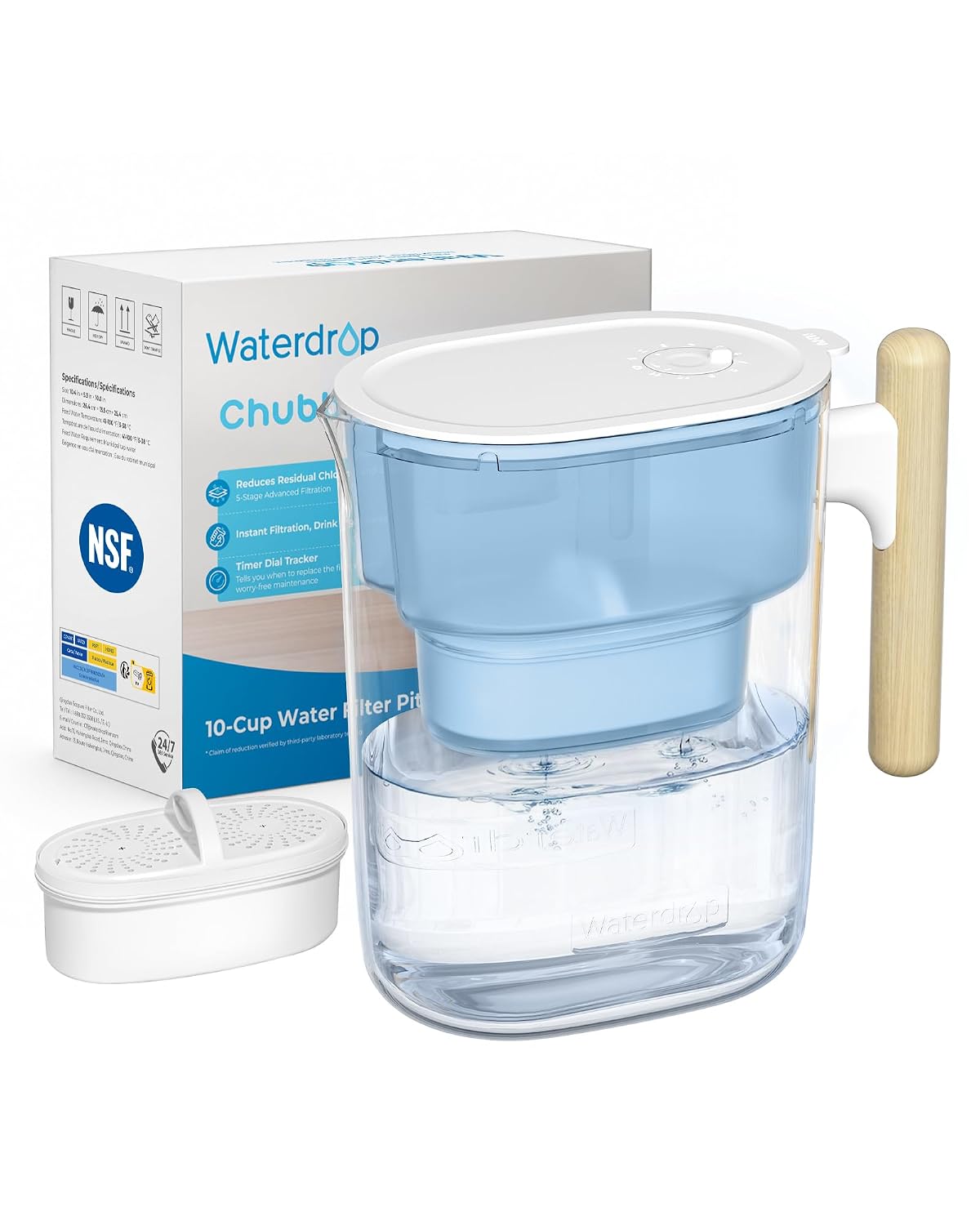 Waterdrop PT-04B Water Filter Pitcher, 10-Cup Capacity, NSF Certified, Blue