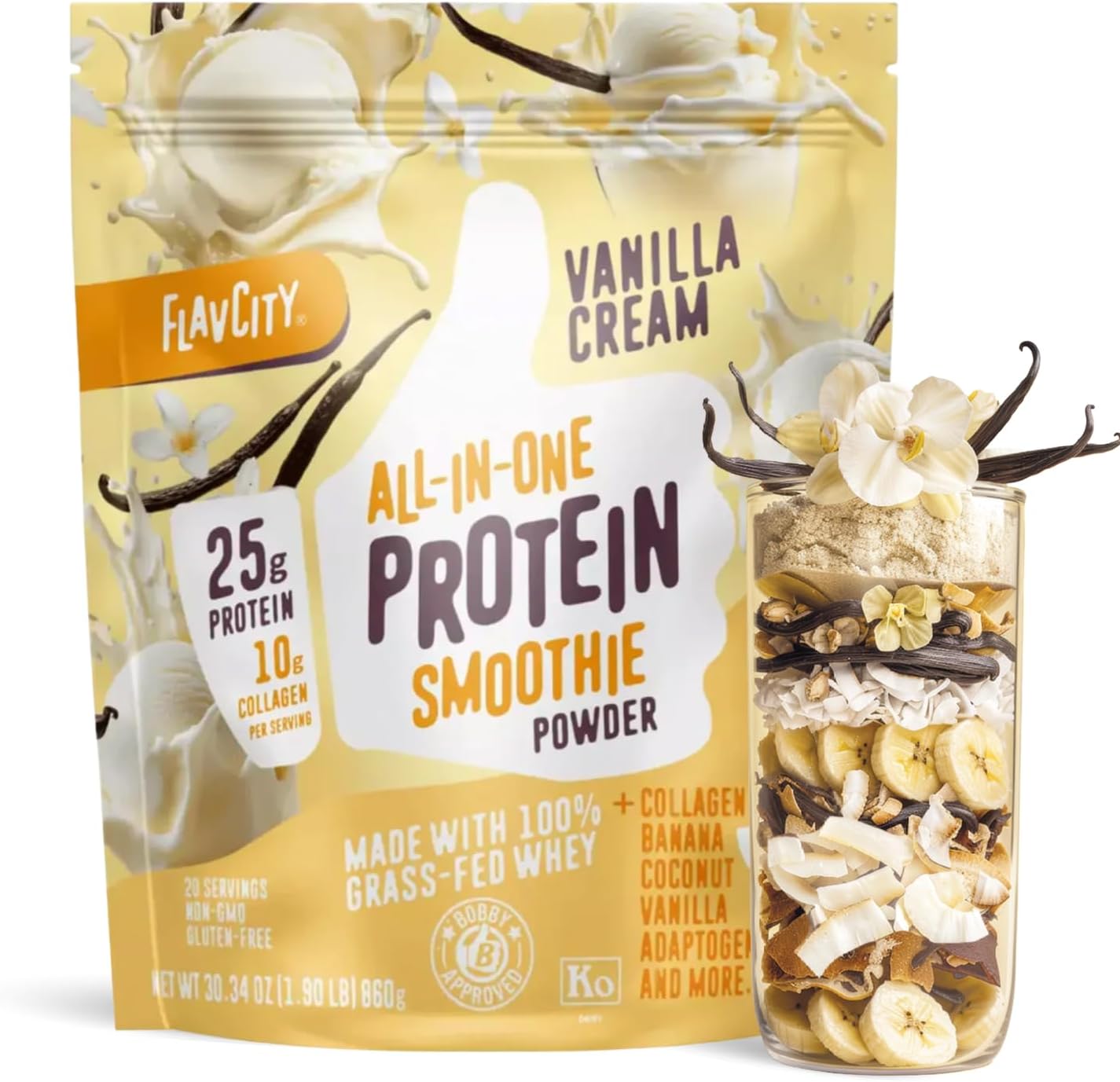 FlavCity Vanilla All in One Protein Shake Powder – On the Go Meal Alternative + Collagen Peptides, Reishi & Cordyceps – Focus, Skin, Hair & Joint Support – 100% Grass Fed Whey, 20 Servings