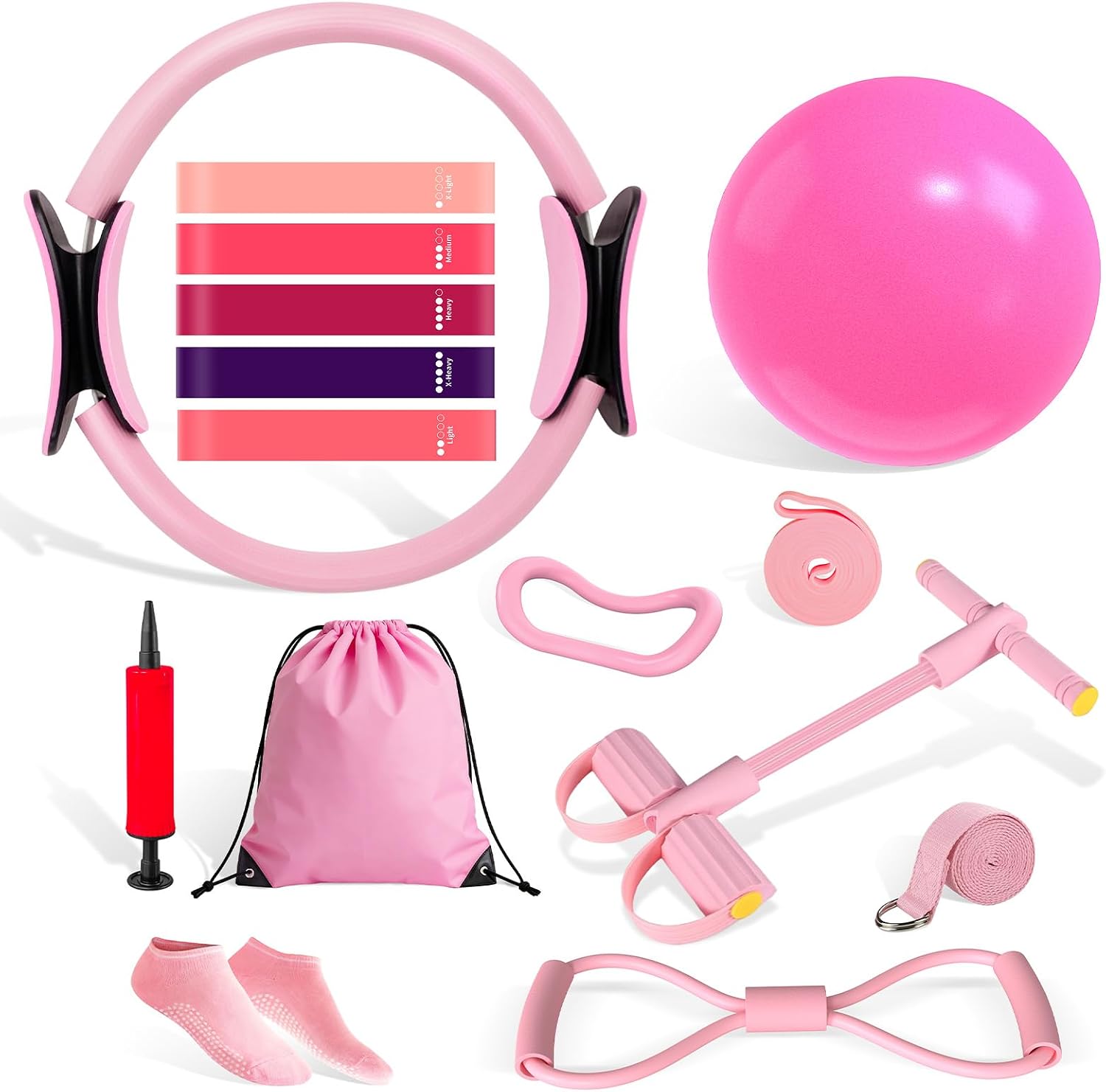 Pilates Kit for Women, 15-Piece Ultimate Pilates Set with Pink Pilates Ring, Ball, Resistance Bands & Essentials – Premium Home Workout Equipment for Full Body Sculpting & Toning, Beginner to Pros