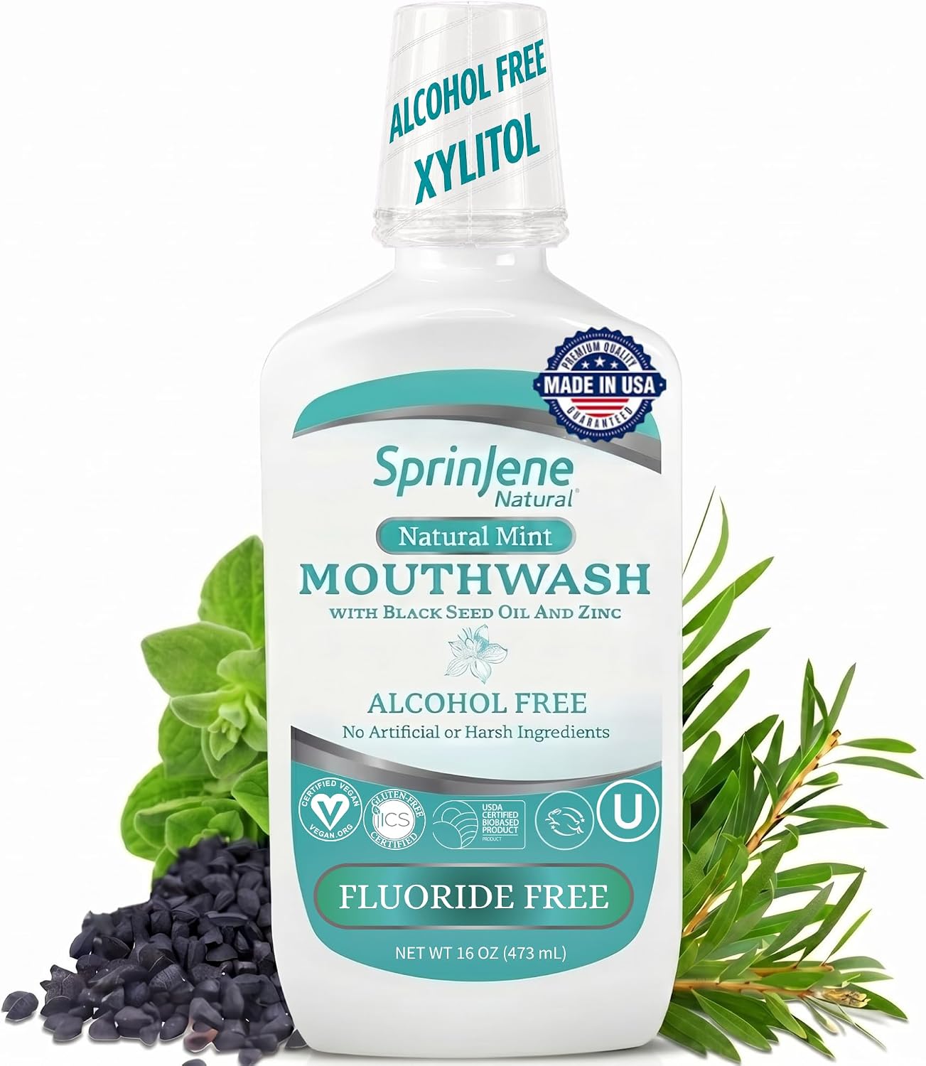 SprinJene Alcohol Free Mouthwash with Xylitol – Fluoride Free Natural Mouthwash for Dry Mouth, Whitening & Fresh Breath – Patented Black Seed Oil & Zinc Formula – Vegan & Made in the USA (1 Pack)