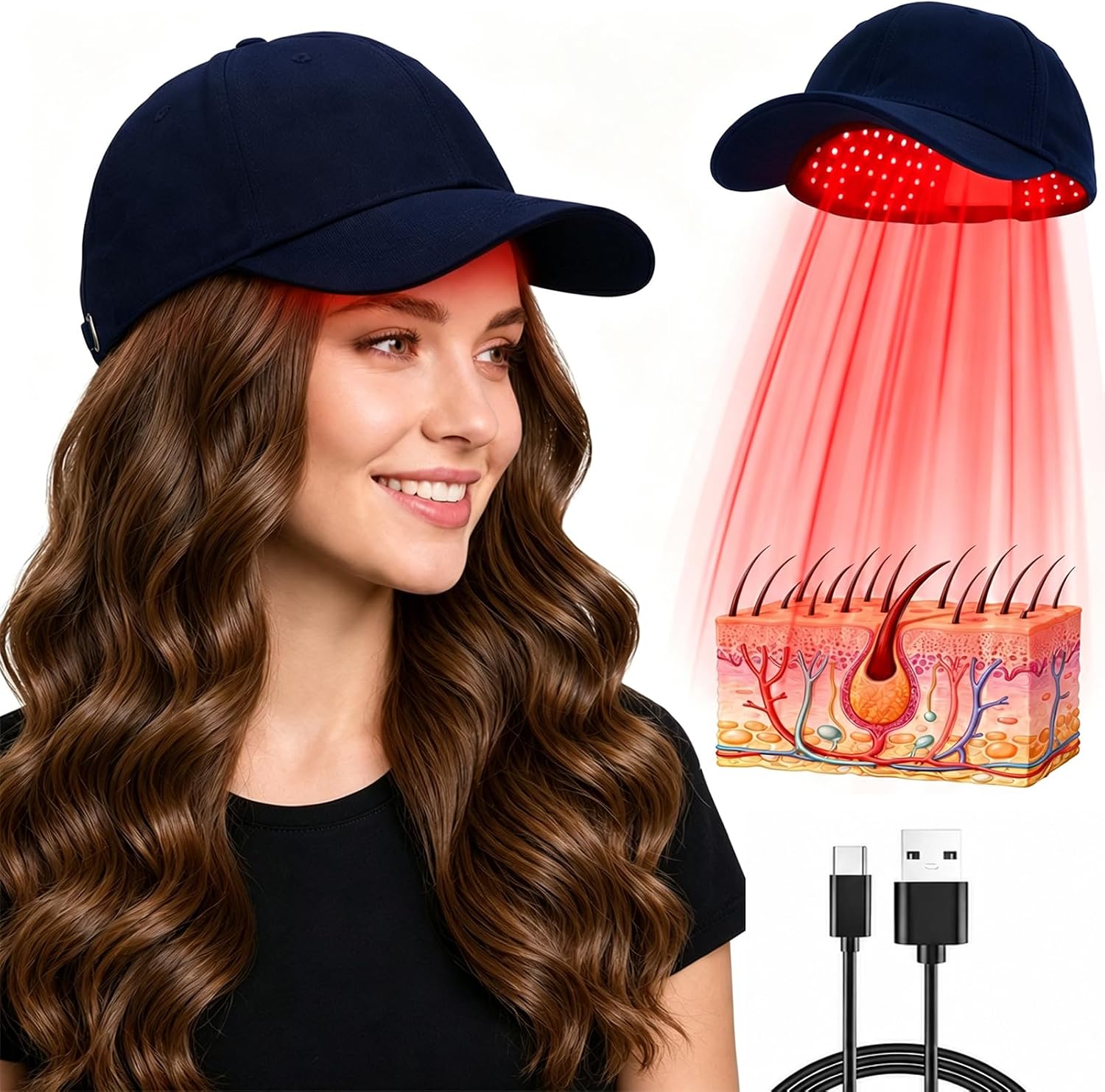 Red Light Therapy Hair Growth Cap – 650nm LLLT, Rechargeable,Blue