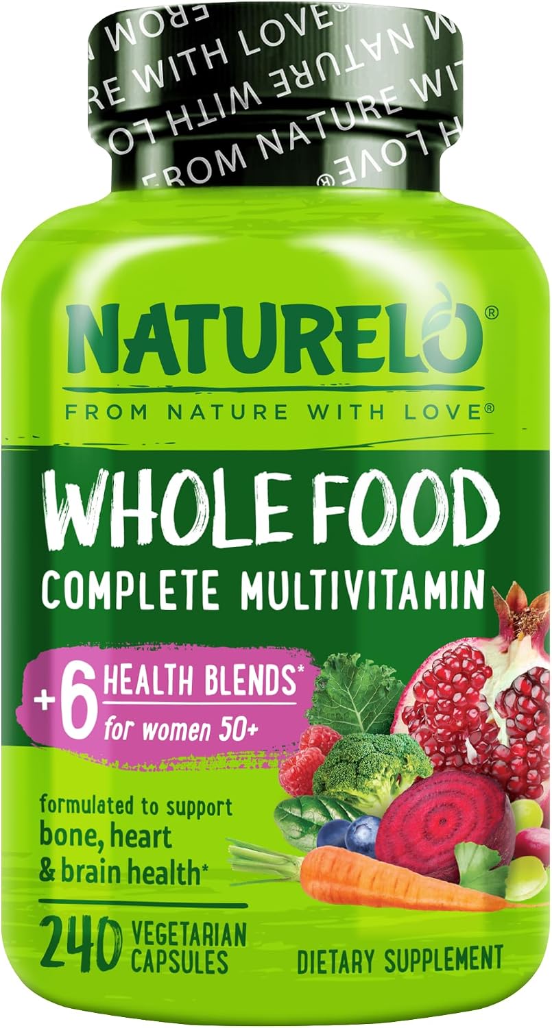NATURELO Whole Food Multivitamin Health Blends, Women 50+ 240 Caps | Women’s Multivitmins, Iron Free with Vitamins, Minerals, & Organic Extracts for Post Menopause