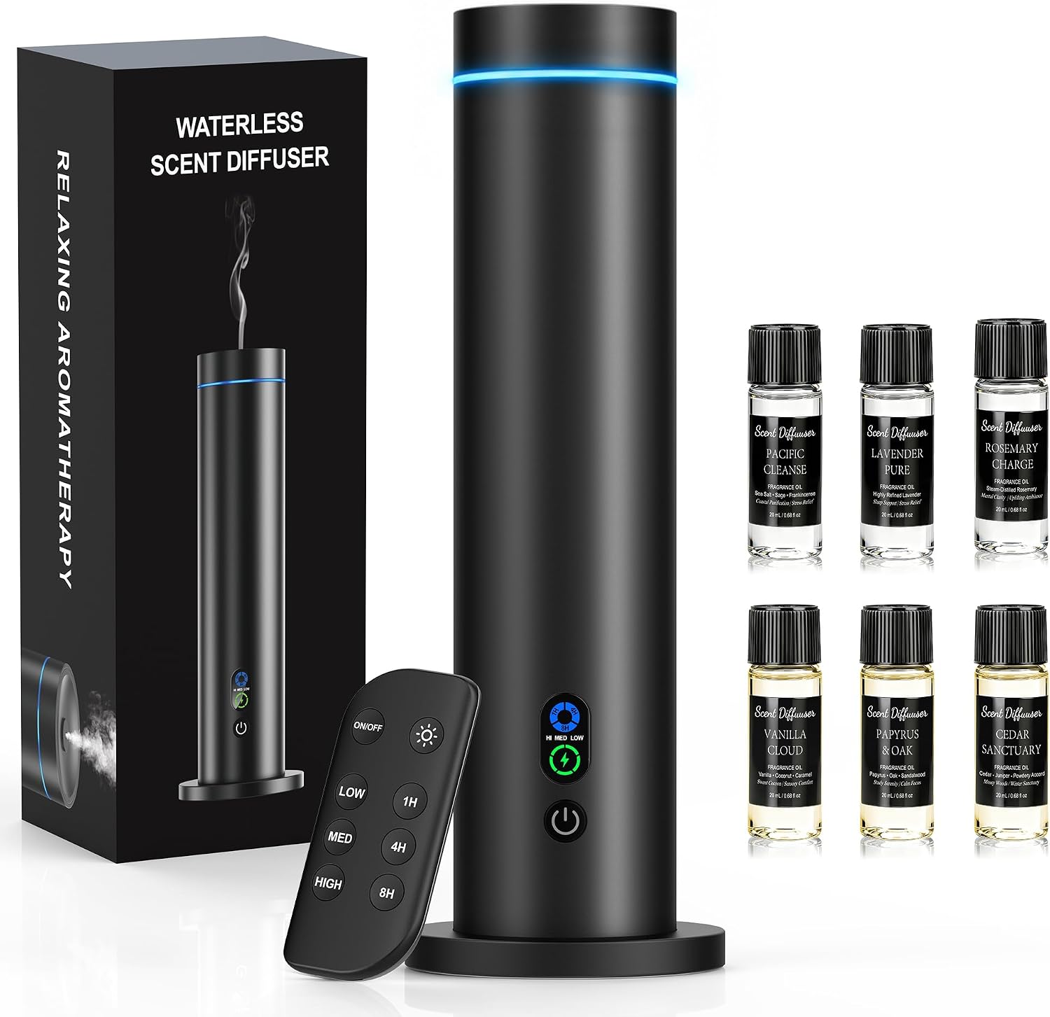Maromalife Waterless Essential Oil Diffuser, Metal Scent Diffuser, Black | Includes 6 essential oils, AC powered, 1000 sq.ft coverage for home, office & hotel, aluminum alloy body, remote control