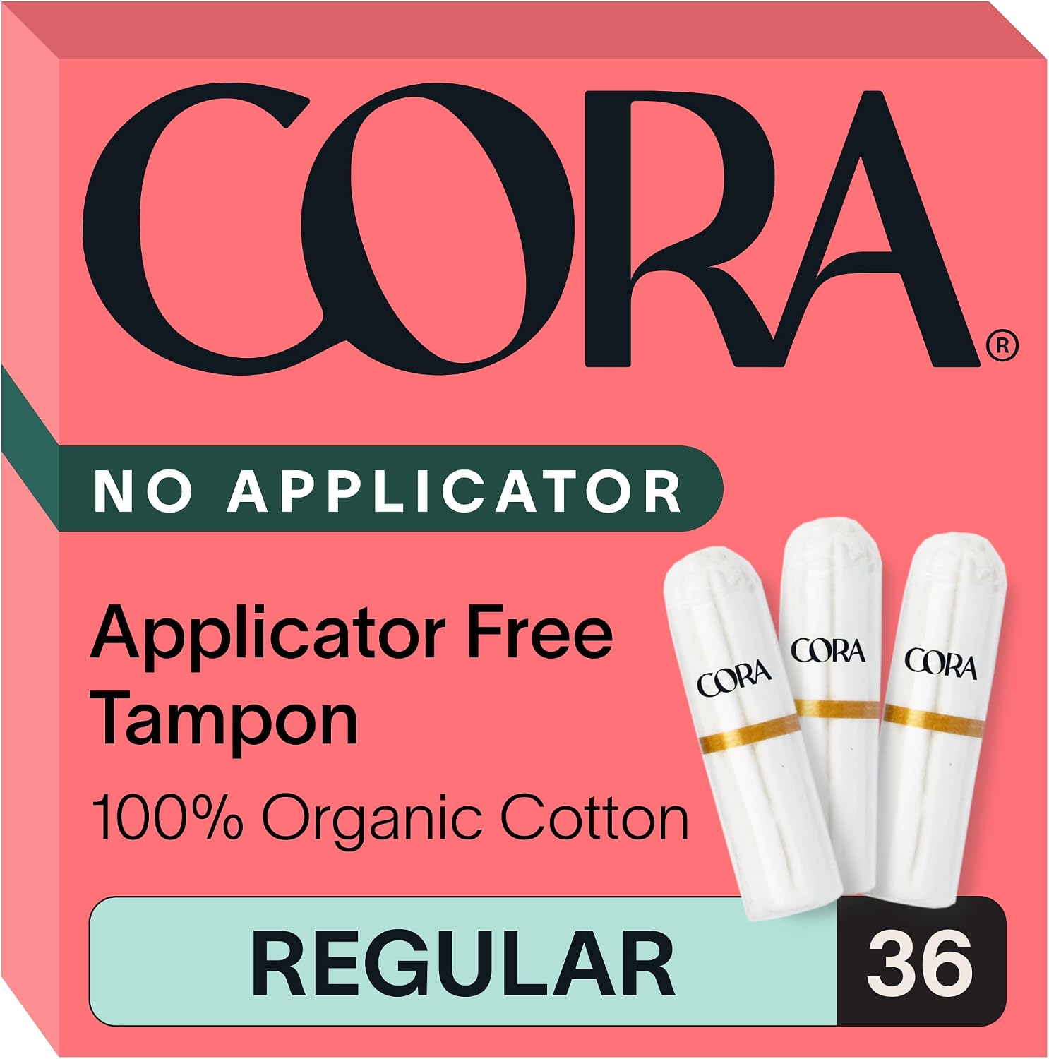 Cora 100% Organic Cotton Non-Applicator Tampons (36 Regular Tampons) | Comfortable Leak Protection, Expands to Your Shape, Made Without Chlorine, Pesticides, or Rayon, Organic Cotton Feminine Care