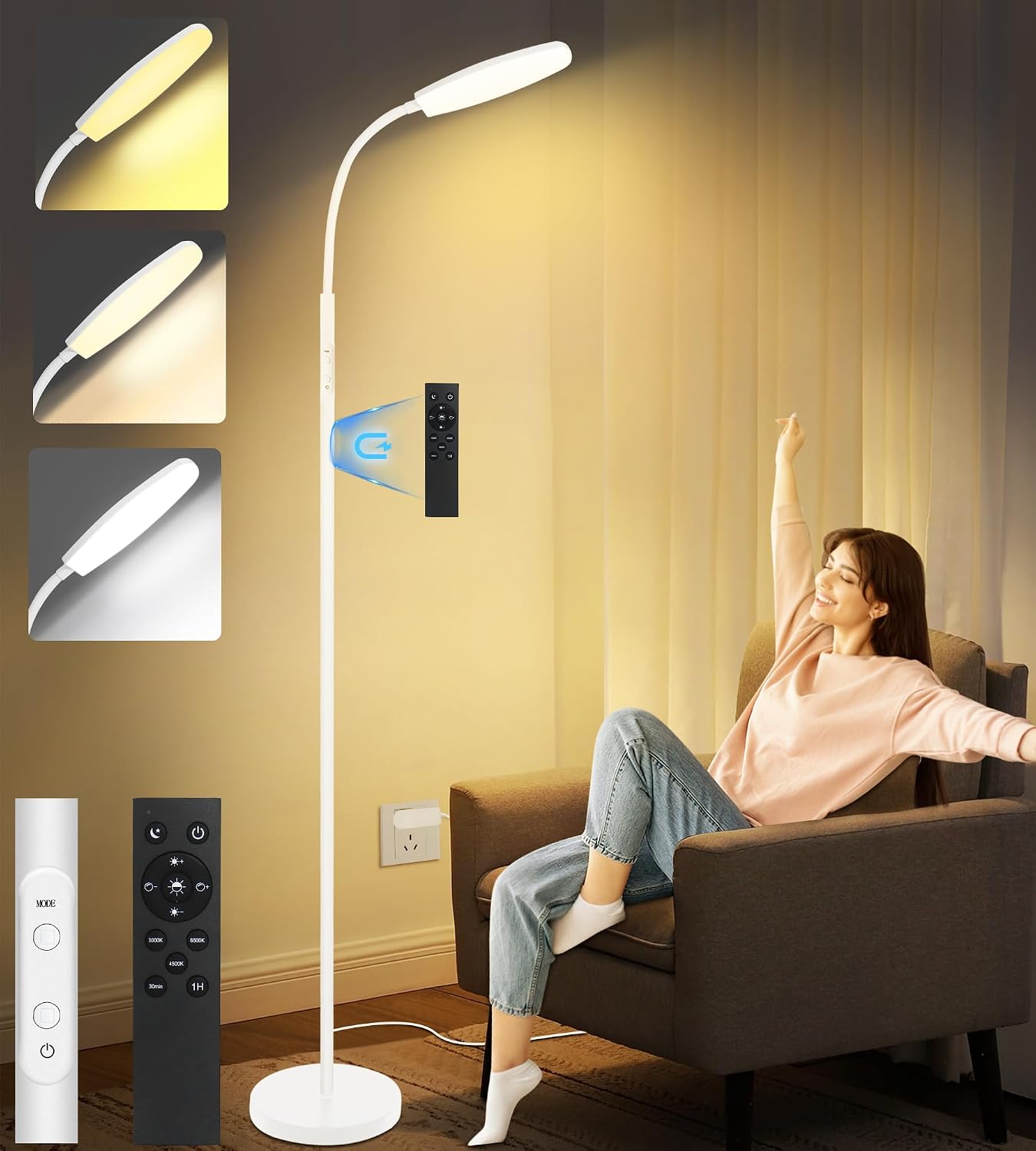 LanSuper 10000 Lux Light Therapy Happy Lamp, UV-Free Sunlight Floor Lamp | Full Spectrum, Remote & Button Control,10 Color Temperature, 6 Brightness,Timer, 360° Adjustable Curved Neck,Memory Function