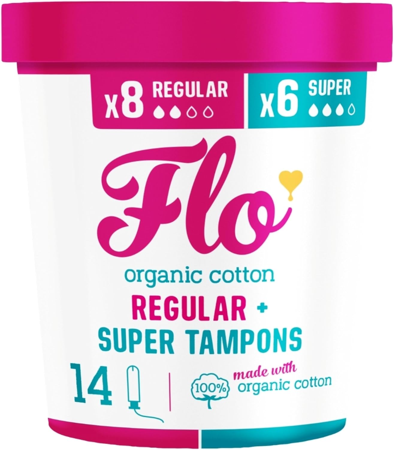 Flo – Organic Cotton Tampons for Women – 14 Pack (8 Regular, 6 Super) – Leak Proof – No Synthetic Fibers, Chlorine Bleach, or Added Dyes – Bio-Plastic Applicator – Feminine Care – Vegan & Cruelty Free