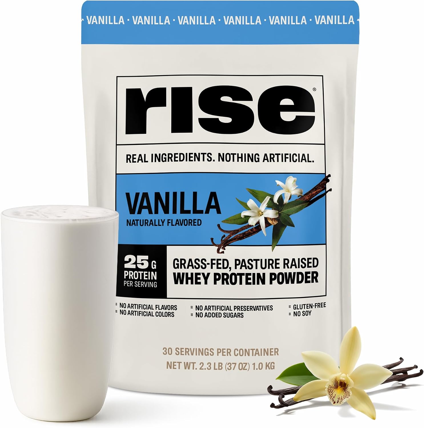 Rise Grass-Fed Whey Protein Powder – Vanilla | 25g Protein No Artificial Flavors, Colors, or Preservatives – Sugar Free, Gluten-Free, Soy Free (2.3 lbs)