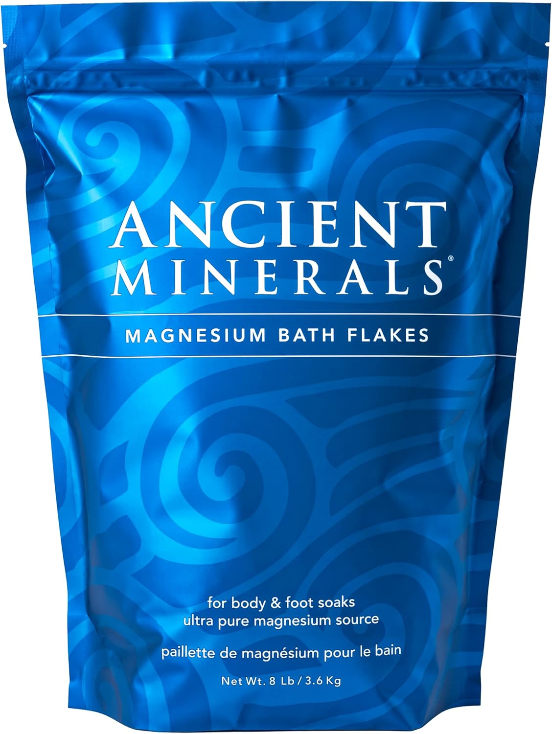 Ancient Minerals Magnesium Bath Flakes, Epsom Salt Alternative, 8lb | Pure Zechstein magnesium chloride flakes for soaking & whole-body replenishment. 8 lb resealable bag.