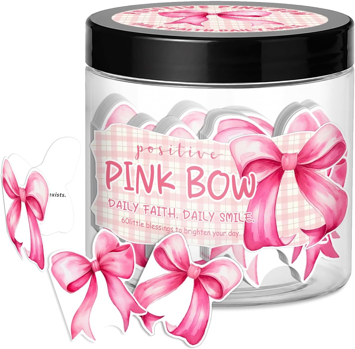 Pink Bow Affirmation Jar, 60 Emotional Support Cards, Gift for Friend Women