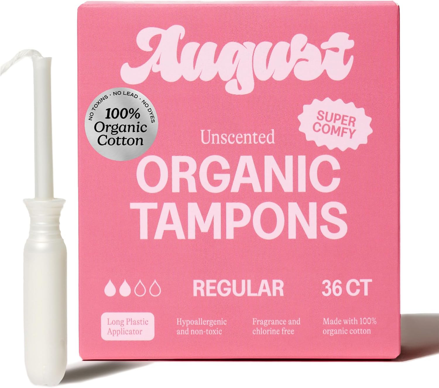 August Organic Tampons, 36-Pack Regular Organic Cotton Tampons for Women | 100% organic cotton tampons with comfortable easy-glide long applicators. Fragrance free, hypoallergenic tampons for women.