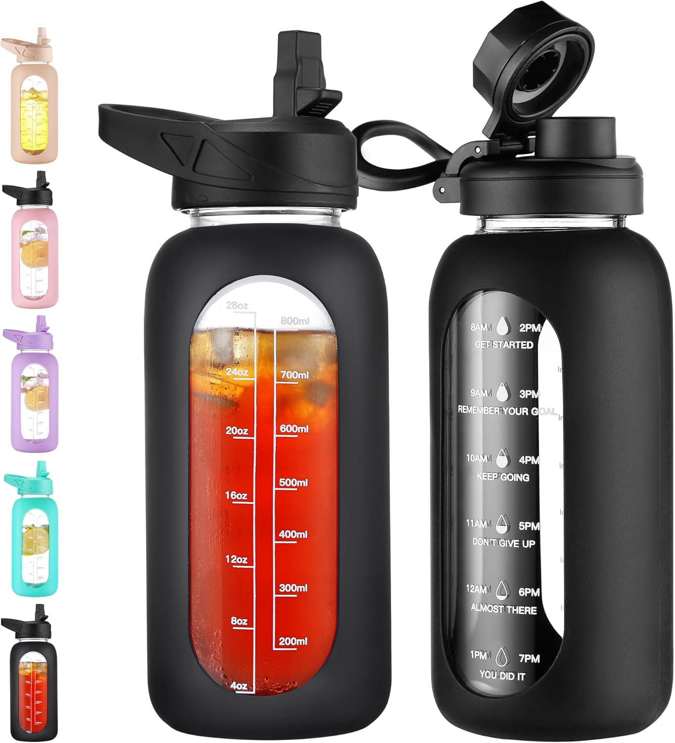 CIVAGO 32 oz Glass Water Bottle with Straw, Large Motivational Water Jug | Time Marker, 2 Leakproof Lids, Wide Mouth, Water Flask Cup with Handle and Silicone Sleeve, for Gym, Sports, Juices, Black