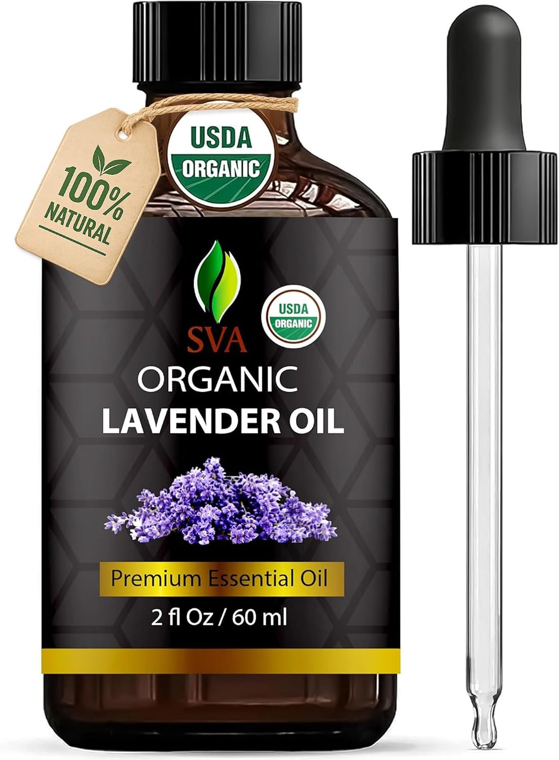 SVA Organic Lavender Essential Oil with Dropper, 2 Fl Oz (60 ml) | Lavender Oil for Diffuser, Humidifier, Linen Spray, Skin, Hair, Body, Soap, Candle, Bath Salt & DIY Blends in Glass Bottle