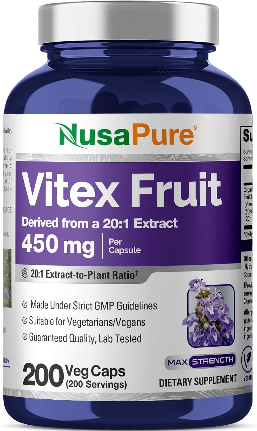 Vitex Chasteberry, Non-GMO Vegan, 450mg, 200 Veggie Capsules – 200 Servings | Plant Based, 20:1 Extract, Suitable for Adults, Manufactured in USA cGMP Registered Facility