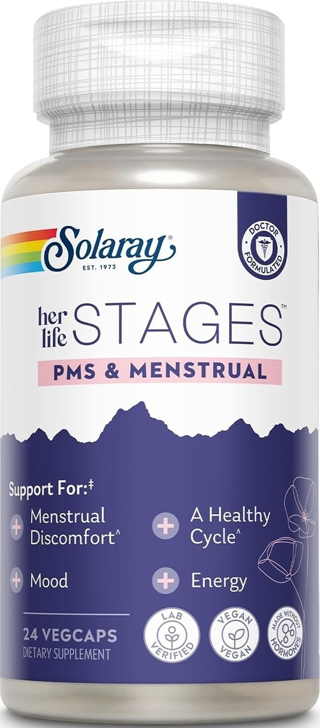 Solaray PMS & Menstrual her life STAGES – PMS Support Supplement for Women with Cramp Bark, Vitex Chasteberry – Made Without Hormones – 60-Day Guarantee – Vegan, Lab Verified – 24 Servings, 24 VegCaps