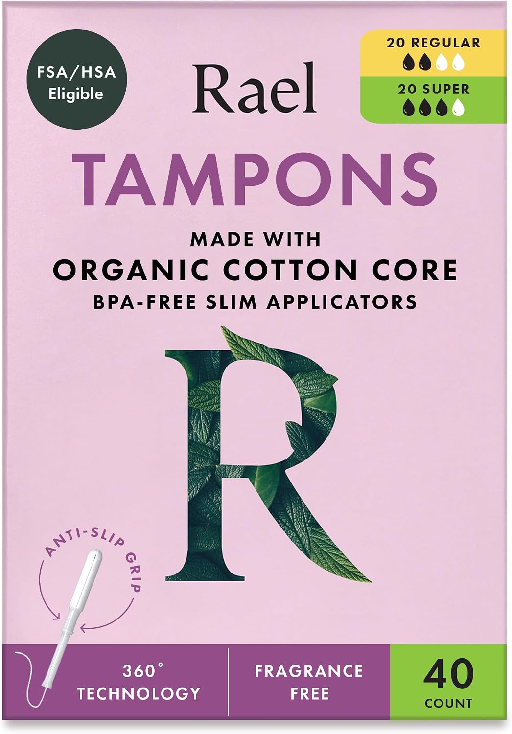 Rael Slim Applicator Tampons with Organic Cotton Core (40 Ct, Bundle) | Period Tampons for Women, Multipack, Regular & Super Absorbency, BPA-Free, Chlorine-Free, Leak Locker Technology, Unscented