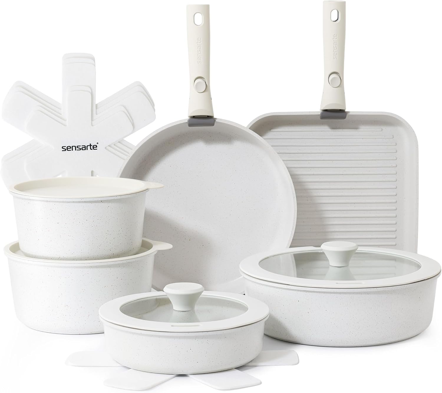 SENSARTE 17 Piece Nonstick Detachable Handle Pots and Pans Set White