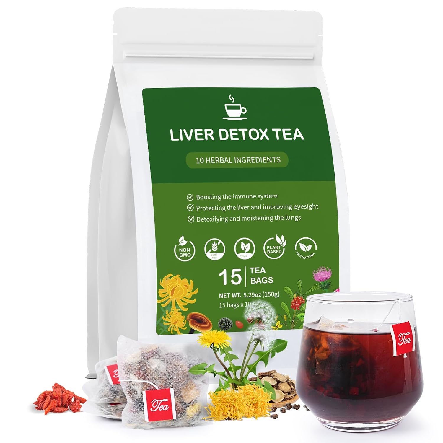 Liver Detox Tea, Chinese Kidney and Liver Cleanse Detox Herbal Tea Support Kidney Healthy Function with 11 Precious Ingredients Formula (1 Pack/15 Bags)