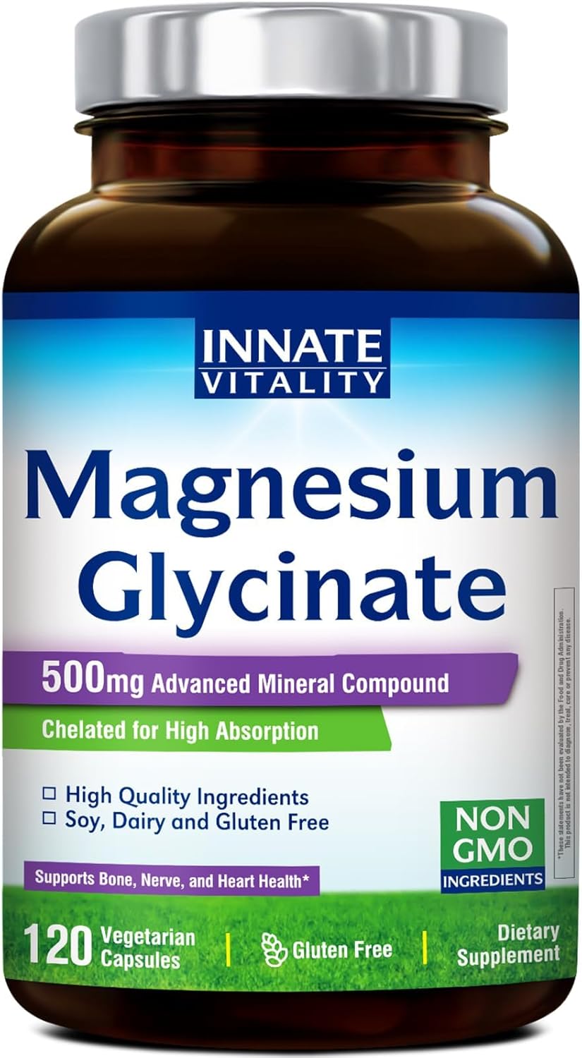 Innate Vitality Magnesium Glycinate 500mg | 70mg Elemental Magnesium Supplement – High Absorption, Non Buffered, Non-GMO & No Gluten – Vegan – Nerve Health – 120 Capsules (Pack of 1)
