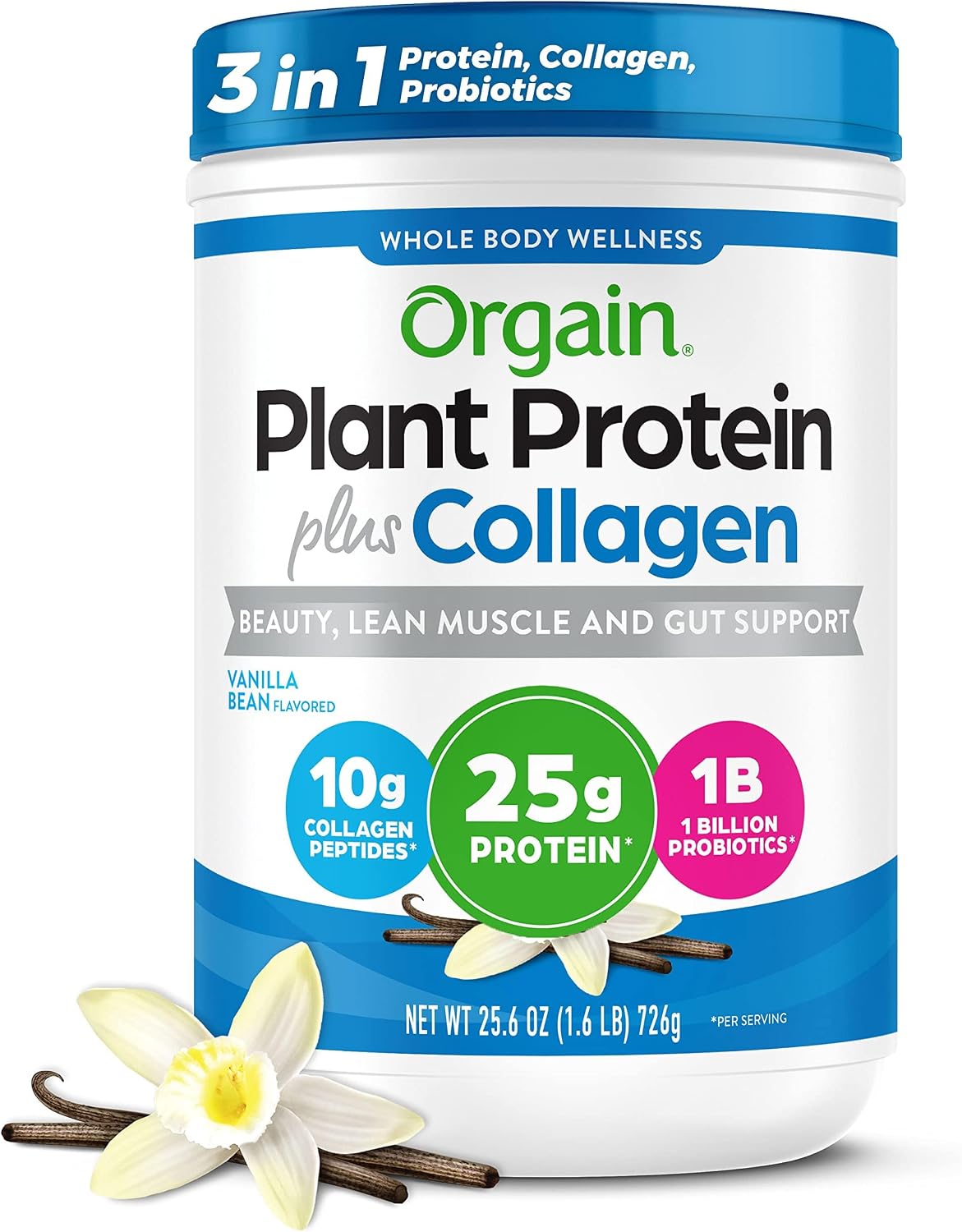 Orgain Organic 25g Protein + 10g Collagen Powder, Vanilla Bean, 1.6lb | Plant based protein with collagen peptides type I & III, 1B CFU probiotics, supports hair, skin, nails, joints & gut health