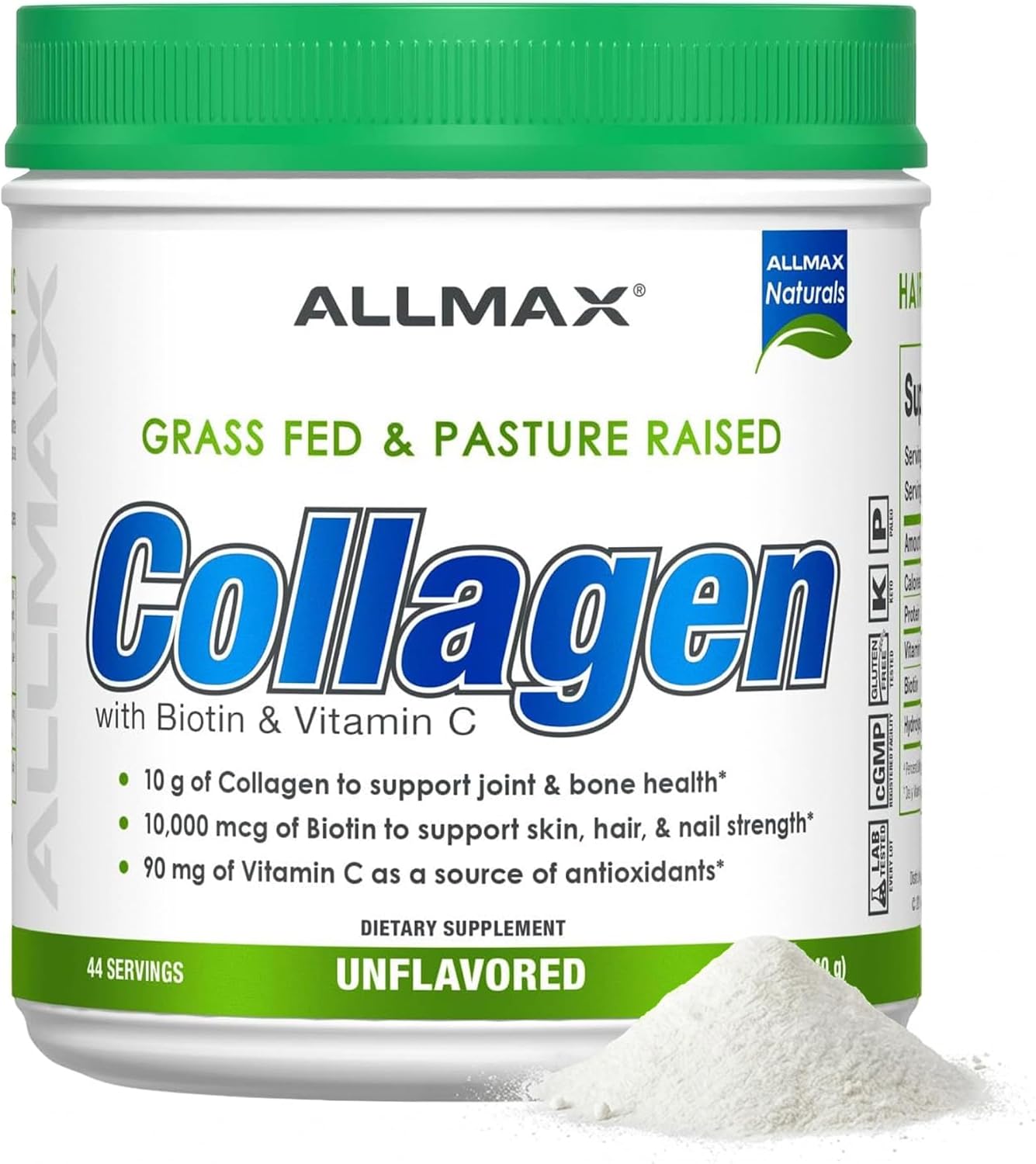 ALLMAX Collagen Peptides Powder, Unflavored, 440 g, 44 Servings | Supports Healthy Skin & Joints, Promotes Hair & Nail Health, 10g Collagen, Biotin & Vitamin C