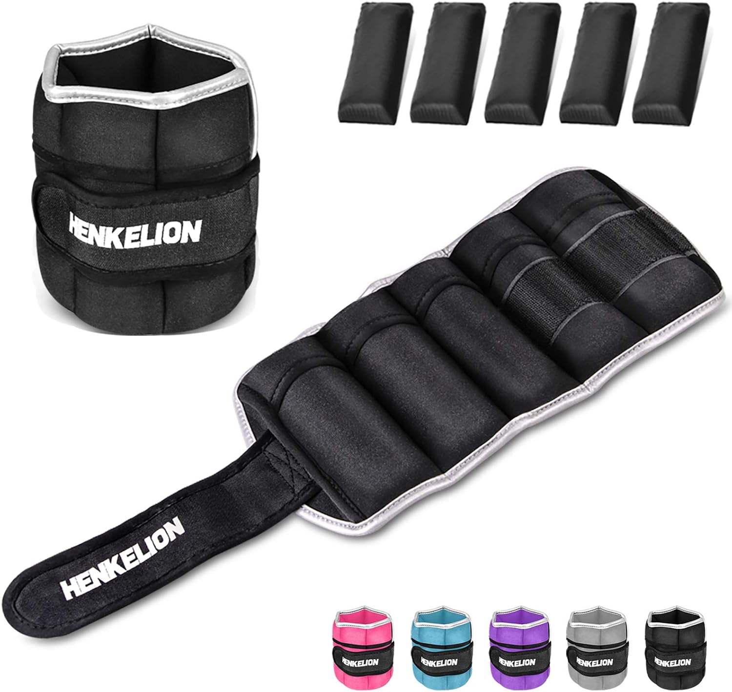 Henkelion 1 Pair 2 3 5 10 Lbs Adjustable Ankle Weights for Women Men Kids, Strength Training Wrist and Ankle Weights Sets for Gym, Fitness Workout, Running, Lifting – Black Grey Pink Blue Purple