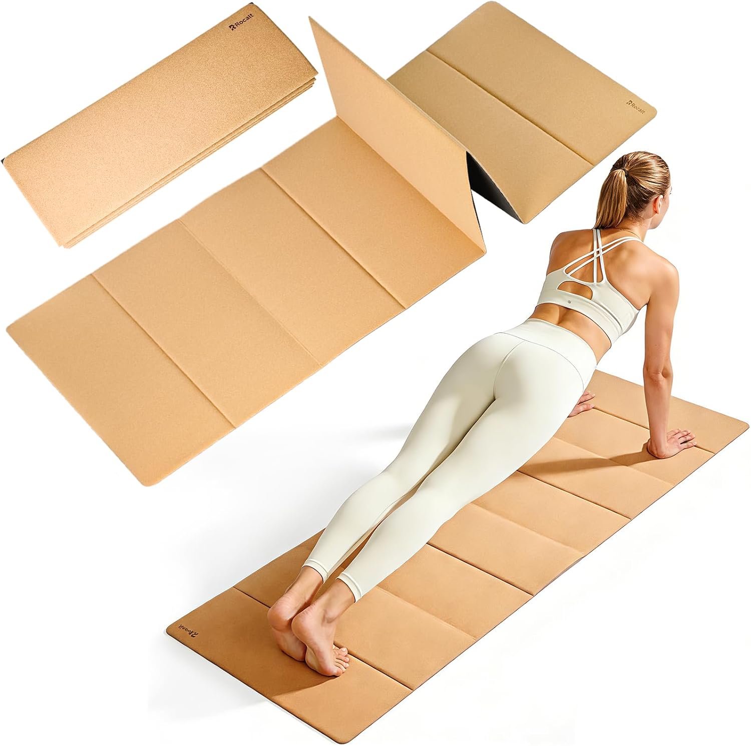 Rocalt Foldable Cork Yoga Mat, Non Slip Travel Pilates Workout Mat | 69″ x 24″ x 0.25″, accordion-fold design, POE backing, carry strap for yoga, stretching and travel
