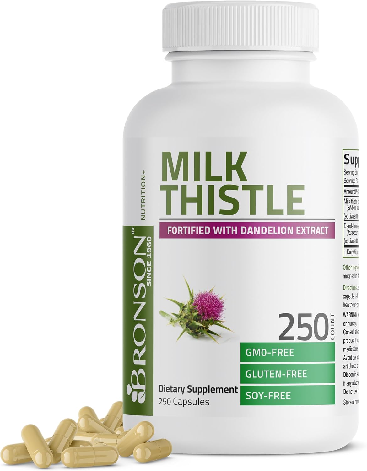 Bronson Milk Thistle Silymarin Marianum & Dandelion Extract, 250 Capsules