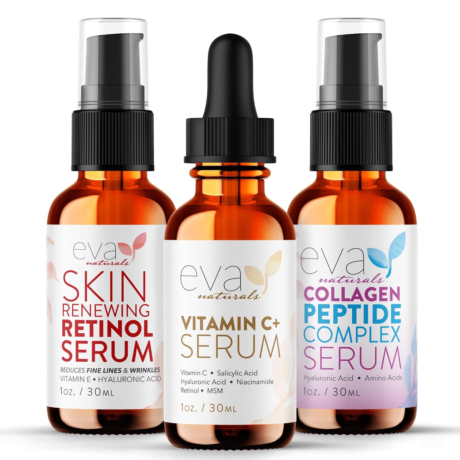 Eva Naturals Trifecta Face Serum Set – Retinol, Vitamin C & Peptides with Hyaluronic Acid & Niacinamide – Anti-Aging Skincare Bundle for Women – Collagen Boosting, Wrinkle & Spot Treatment | 3-piece set, hyaluronic acid, niacinamide, anti-aging, wrinkle & spot treatment, collagen boosting, for women