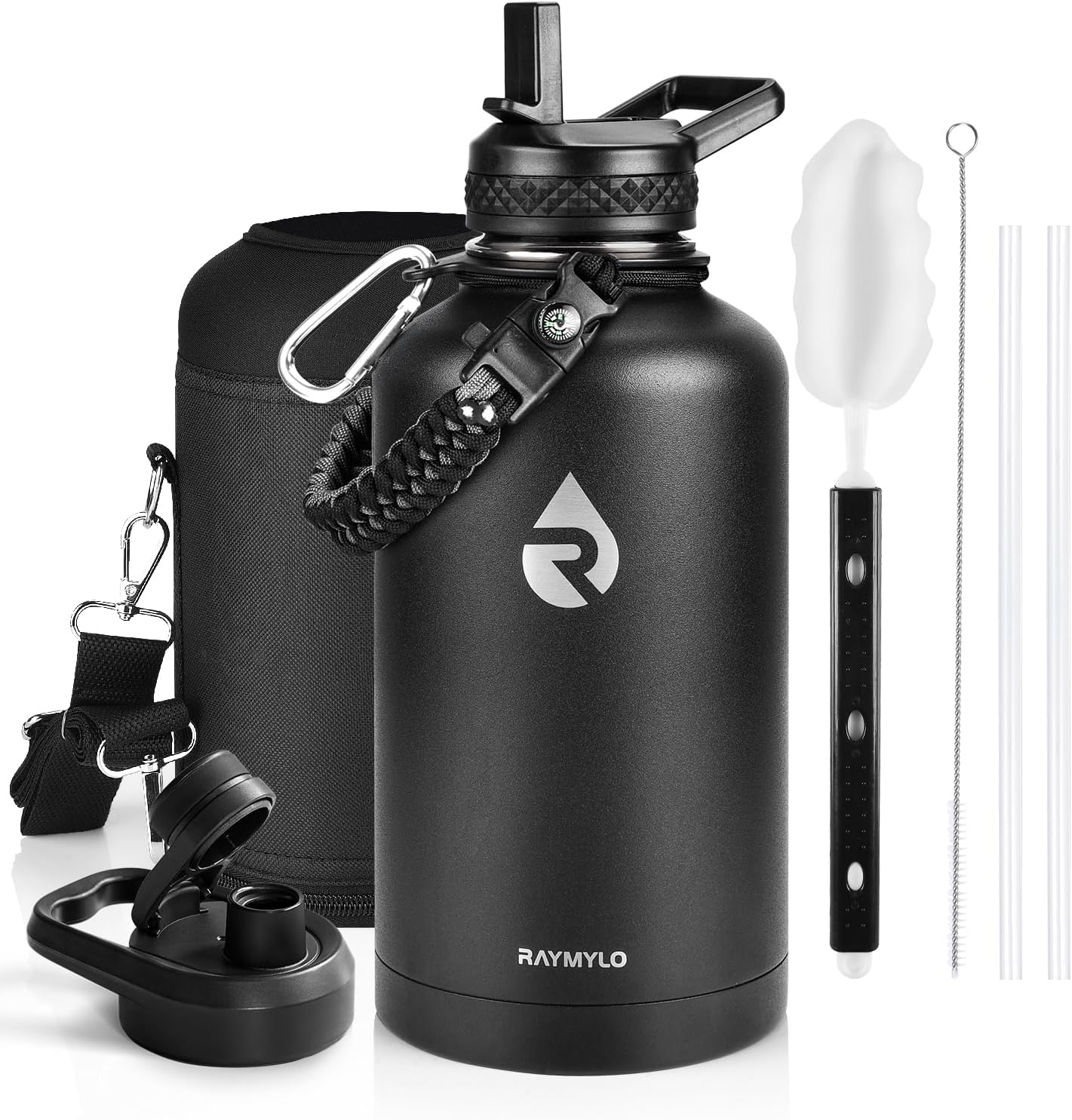 RAYMYLO Insulated Water Bottle 64 oz, Triple Wall Vacuum Stainless Steel | (Cold for 48 Hrs), Leak Proof & Non-BPA, Half Gallon Water Flask Jug with Paracord Handle & Straw Spout Lids