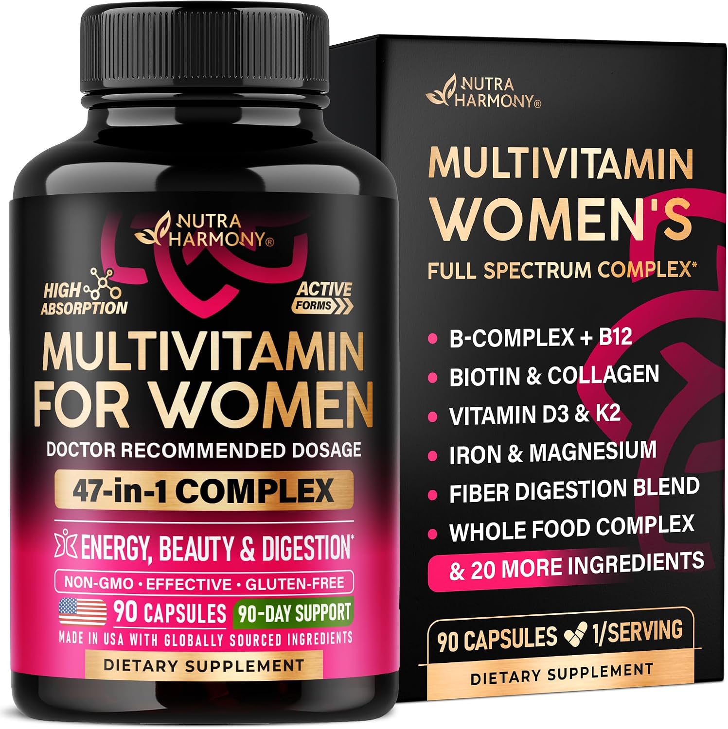 Multivitamin for Women 47in1 – B-Complex, Biotin, D3 & K2, Iron – 90 Caps | Womens Multivitamin – Whole Foods | Hair Growth Support | Digestion & Metabolism – Bioavailable & Gentle on Stomach – 1/Day