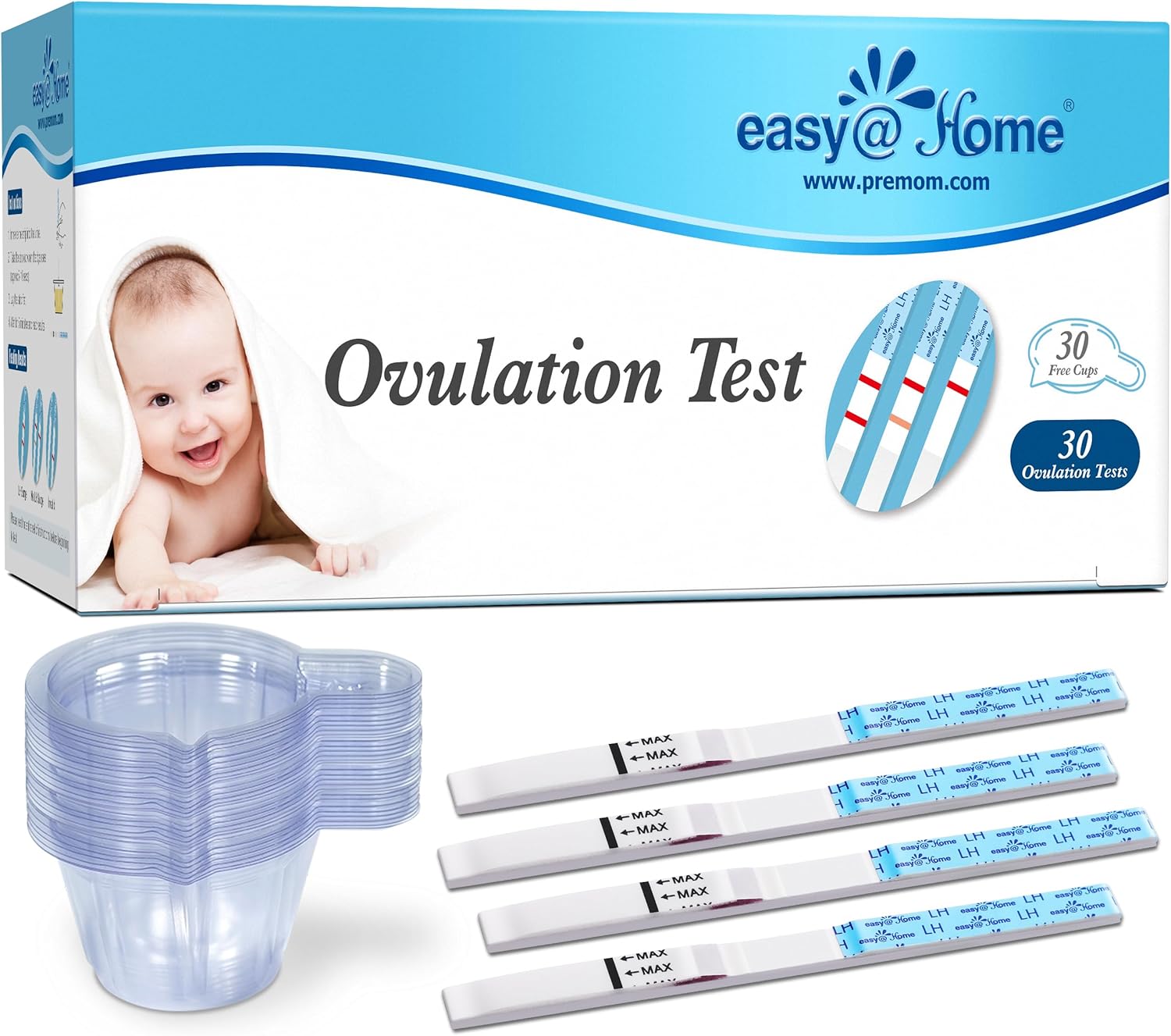 Easy@Home Ovulation Test Strips, 30 LH Tests with 30 Urine Cups | Ovulation Predictor Kit with Fertility Tests for Women, Powered by Premom Ovulation Tracker App