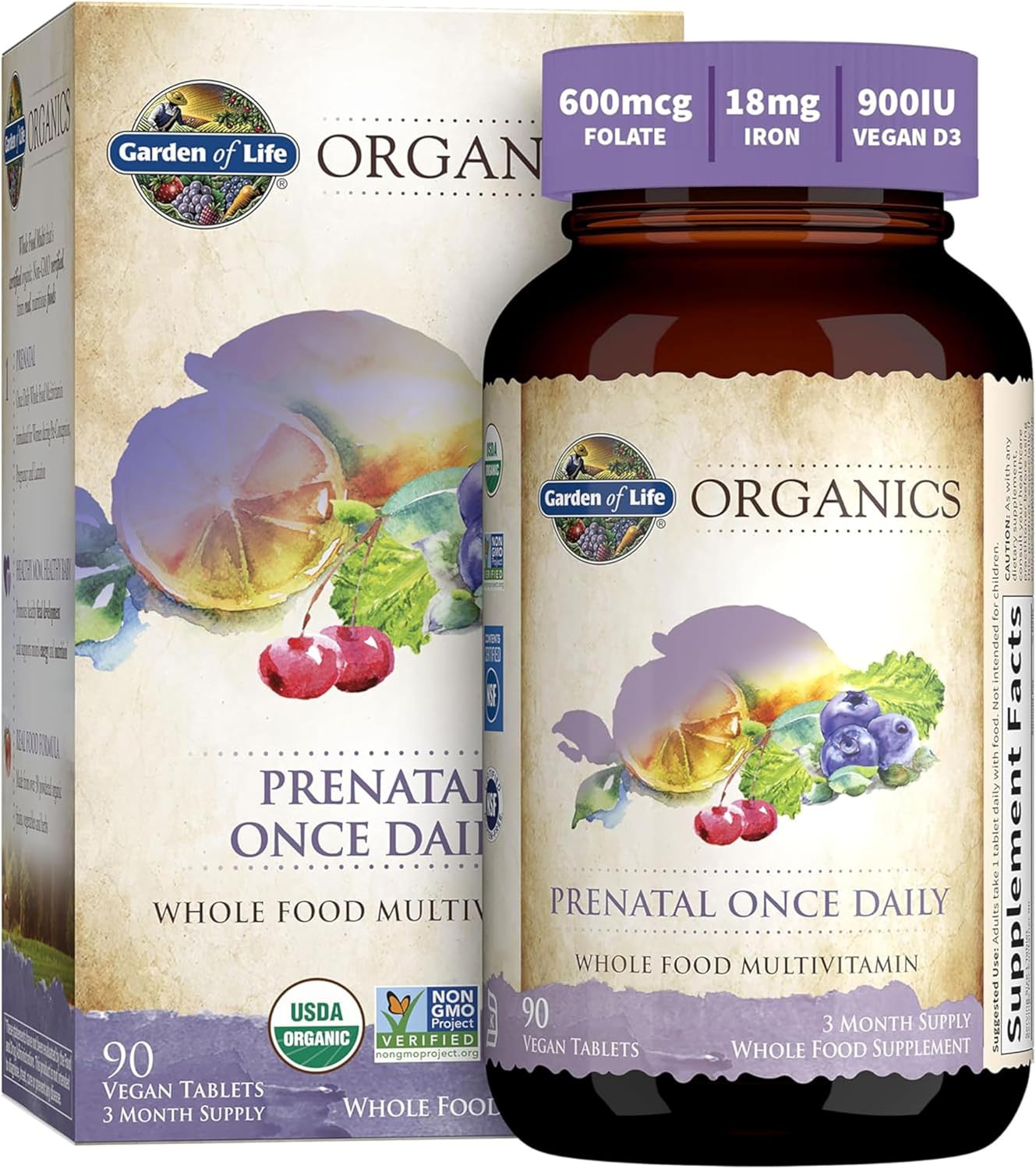 Garden of Life Prenatal Vitamins for Women, Organics Folate for Energy & Healthy Fetal Development, Non-constipating Iron, Vitamin C, B6, B12, D3, Non-GMO, Gluten-Free, Vegan, 90 Day Supply | Folate, Vitamin C, B6, B12 & D3, Vitamins for Women, Energy Metabolism Support for Healthy Fetal Development, Non-GMO, Vegan