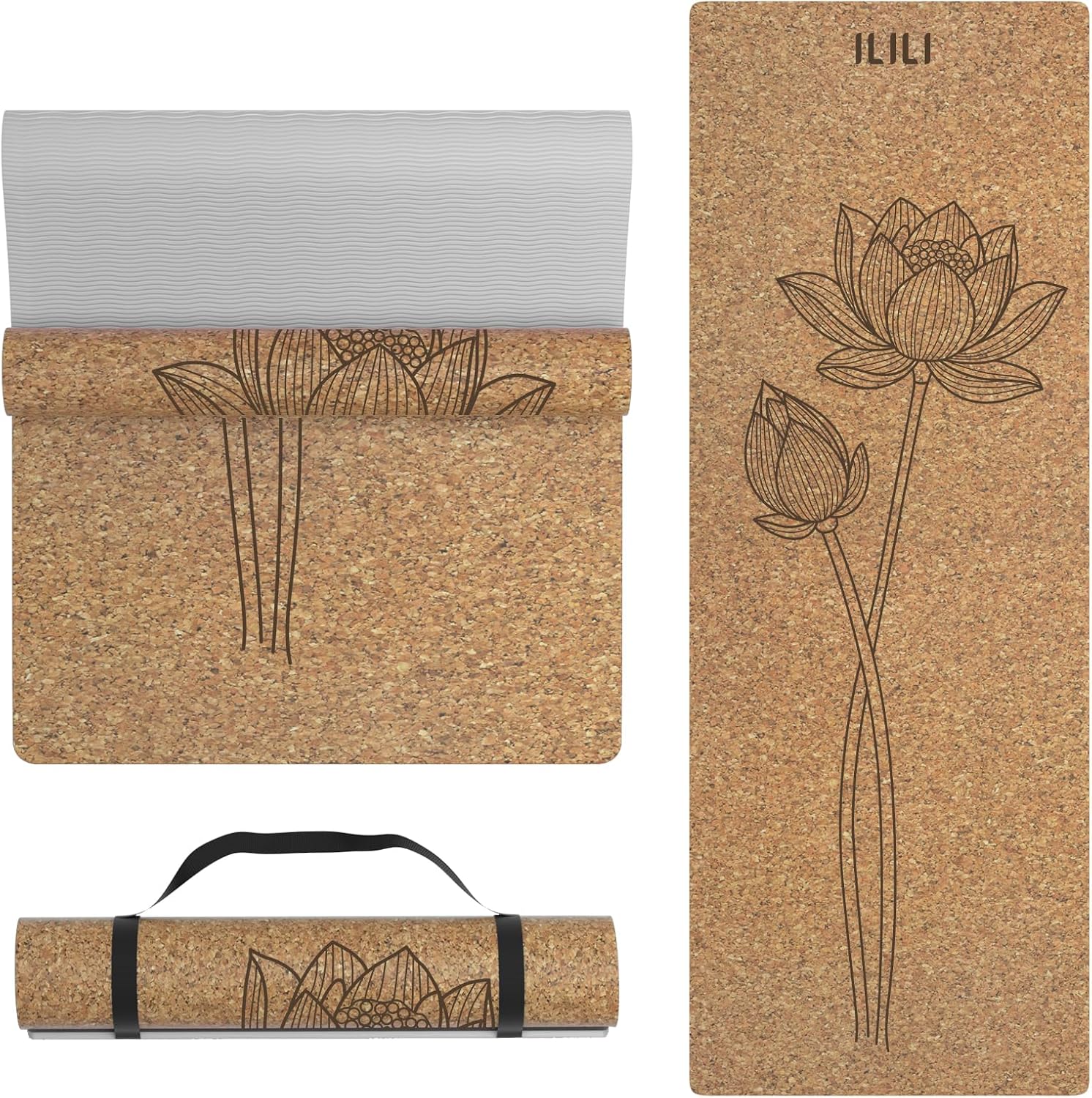 ILILI Cork Yoga Mat Eco-Friendly 1/4 Inch Thick | 72″×26″ Natural Cork TPE Exercise Mat, 2 lbs Lightweight Non Slip Mat for Hot Yoga and Gym Workout, Carry Strap
