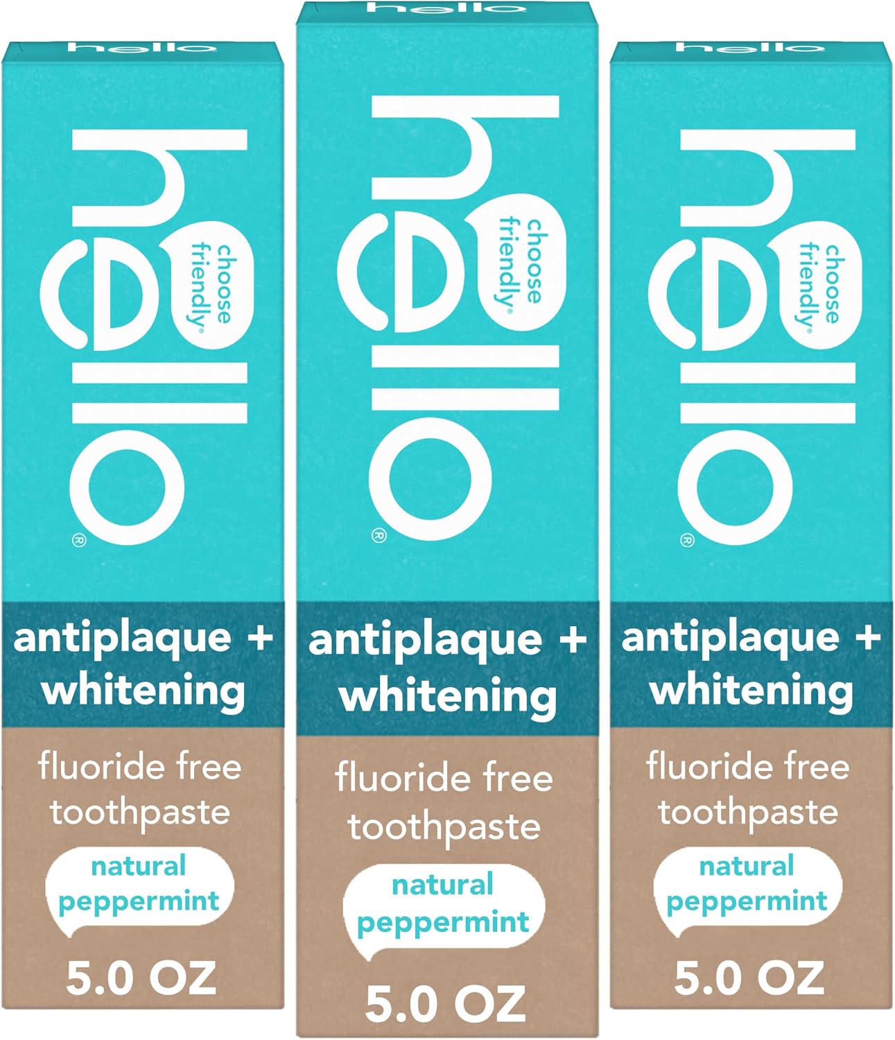 Hello Antiplaque and Whitening Fluoride Free Toothpaste, 5 Oz Tube, Whitening Toothpaste with Natural Peppermint Flavor and Tea Tree Oil, Crushes Tartar and Helps Remove Surface Stains, 3 Pack | Natural Peppermint Flavor, Whitens Teeth, Removes Plaque, No SLS, Peroxide, Artificial Flavors, Dyes, Sweeteners, or Flavors